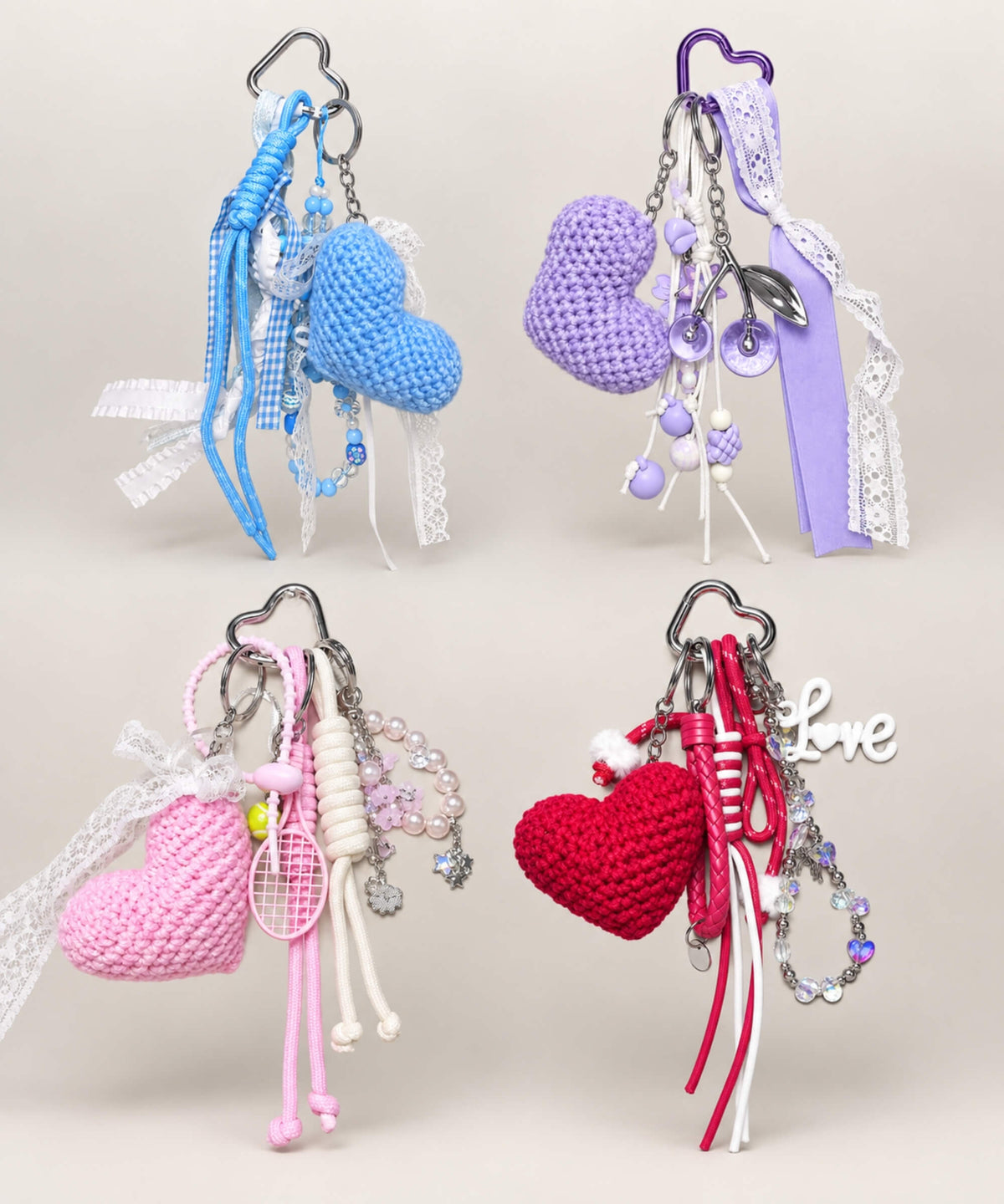 Heart crochet keychain collection in blue purple pink and red designs