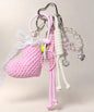Pink heart crochet keychain with lace ribbon beads and tennis racket charm
