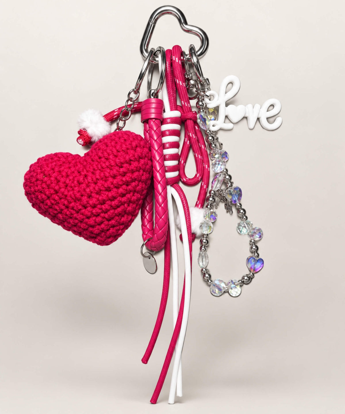 Red heart crochet keychain with love charm beads and red hanging cords