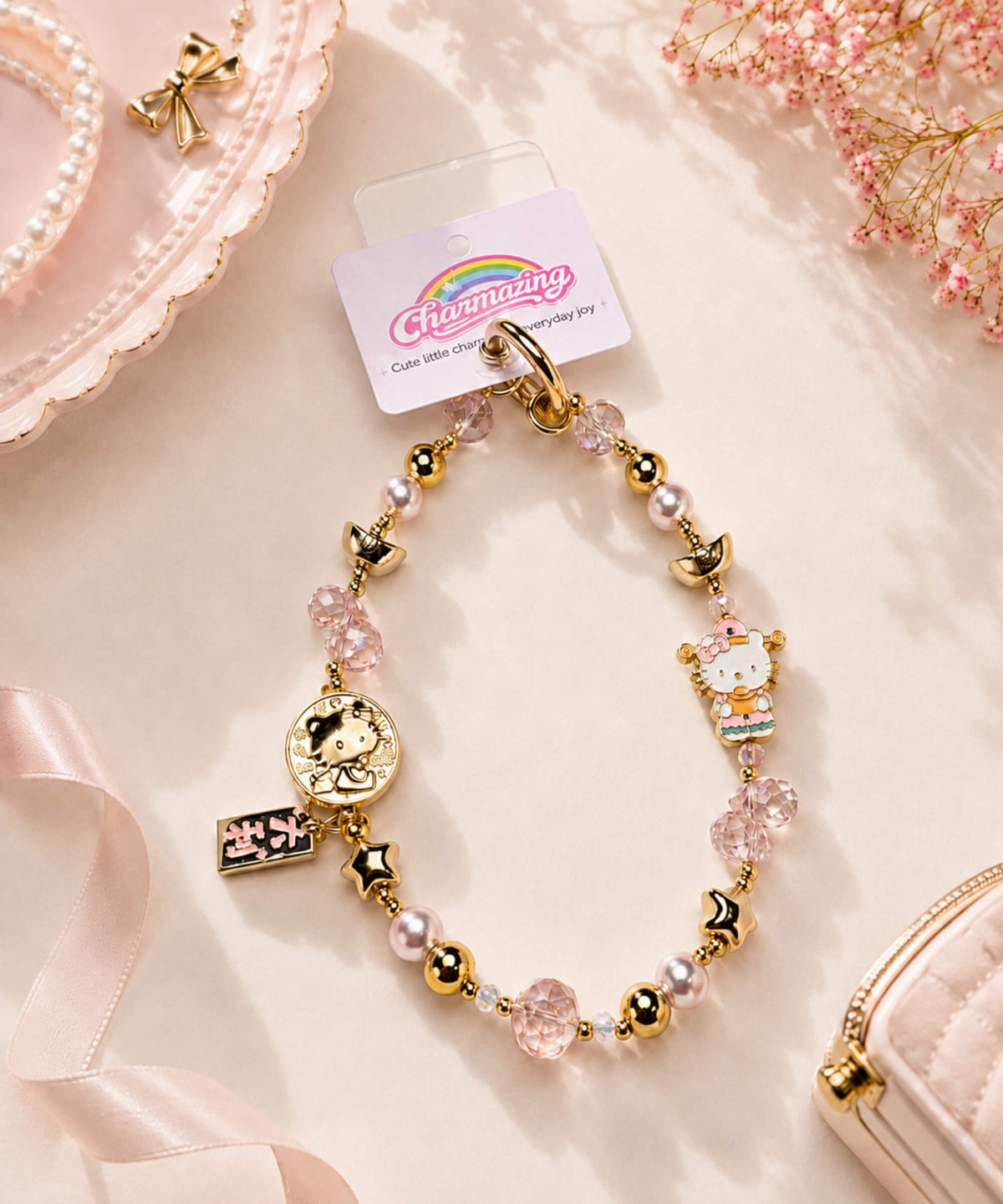 Da Ji Da Li Hello Kitty lucky charm beaded phone charm styled in a soft pastel lifestyle setting