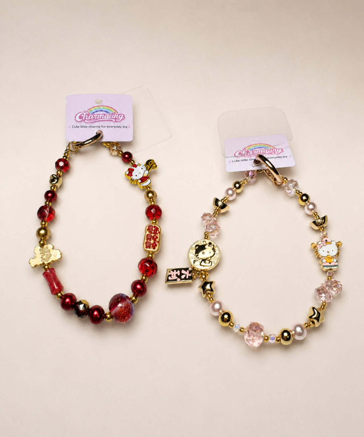 Hello Kitty lucky charm beaded phone charms in Fa Cai and Da Ji Da Li styles
