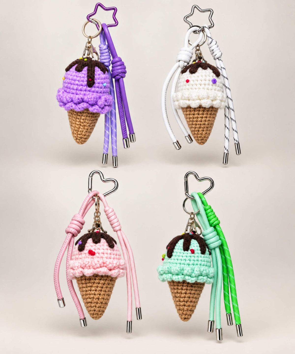 Ice cream crochet keychain collection with Mint Scoop, Grape Scoop, Vanilla Scoop and Pink Scoop variants