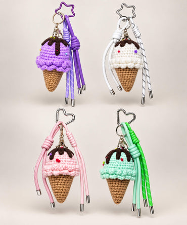 Ice cream crochet keychain collection with Mint Scoop, Grape Scoop, Vanilla Scoop and Pink Scoop variants