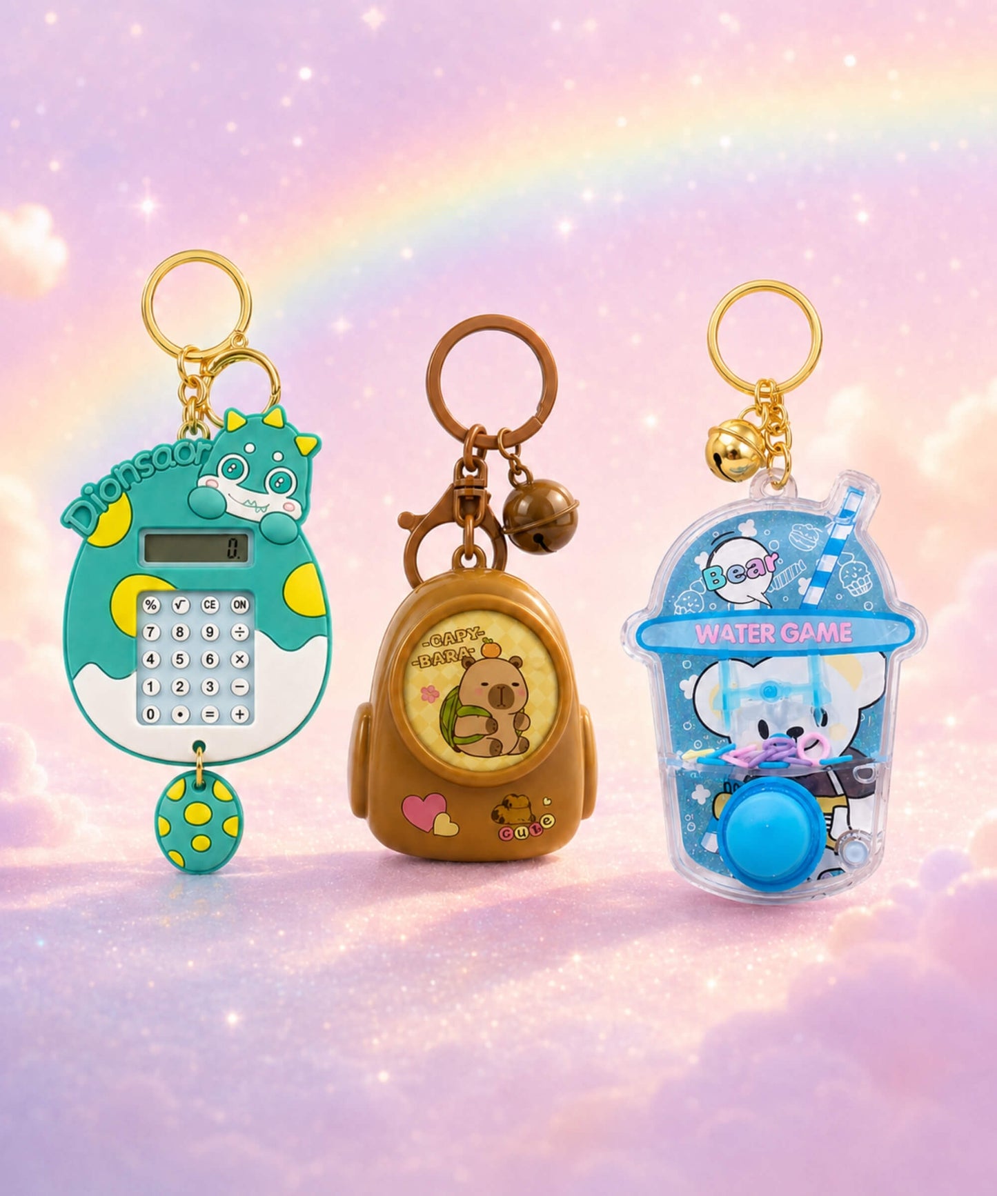 Interactive keychains collection with calculator, light-up and water ring game bag charms
