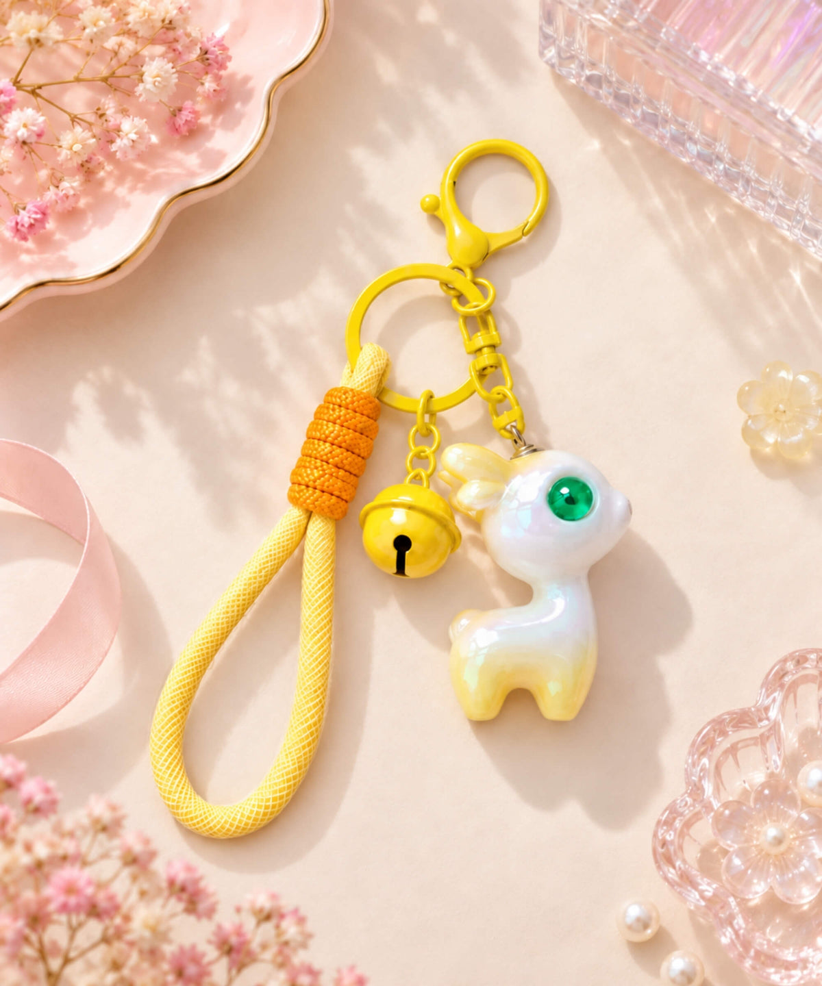 Iridescent deer resin keychain with green eye, yellow strap, bell and matching keyring