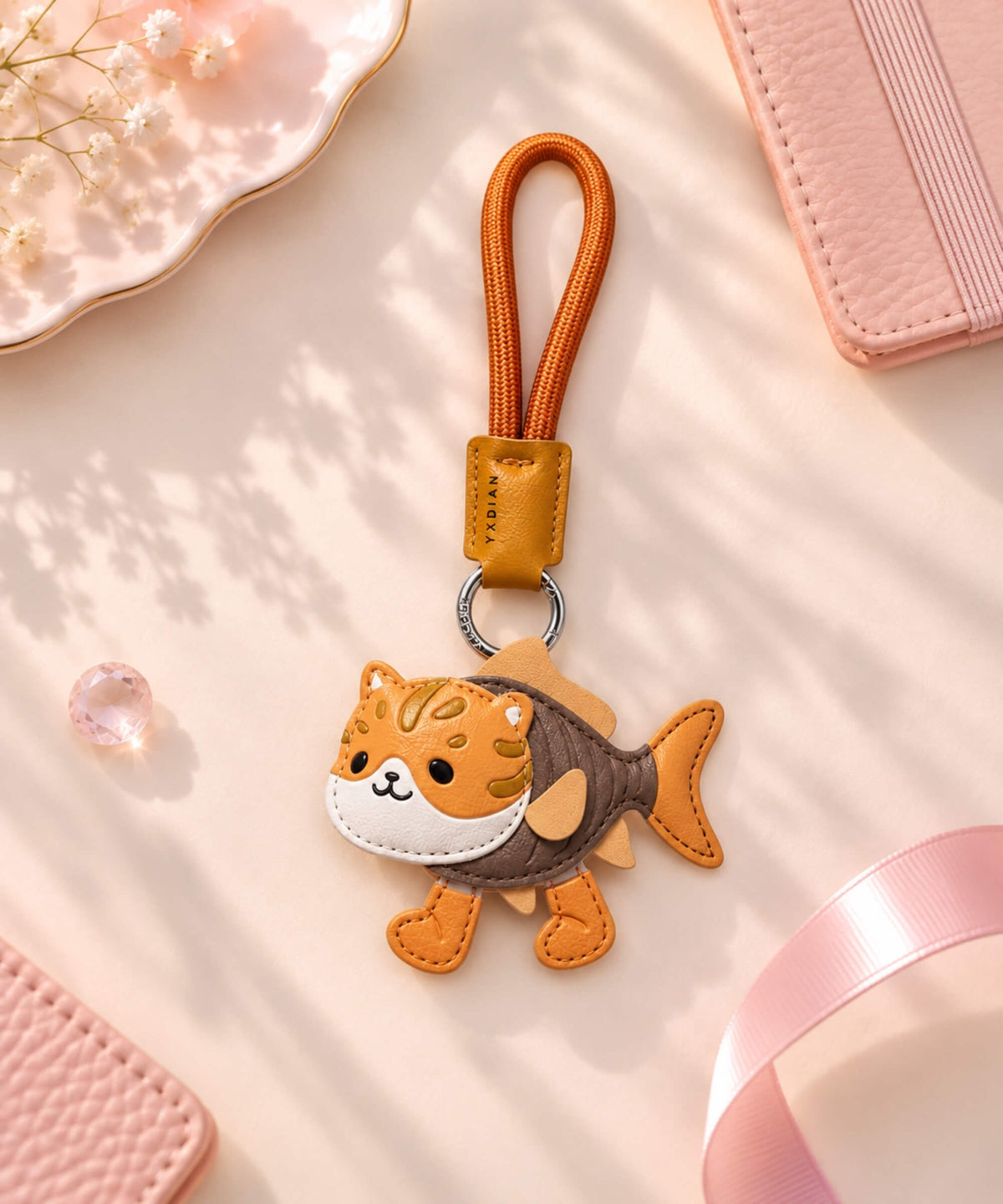 Italian Brainrot style PU leather keychain with funny animal character design and brown wrist strap