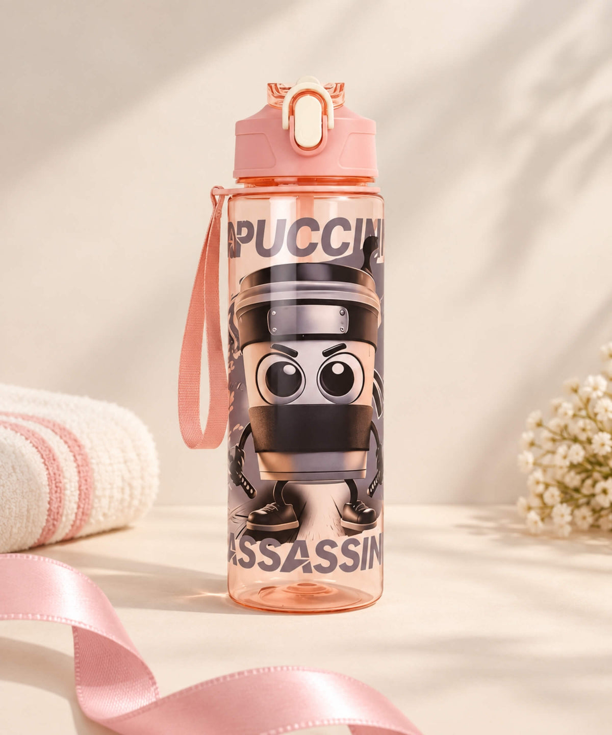 Peach Italian Brainrot style 750ml water bottle with flip-top lid, cartoon assassin design and carry strap
