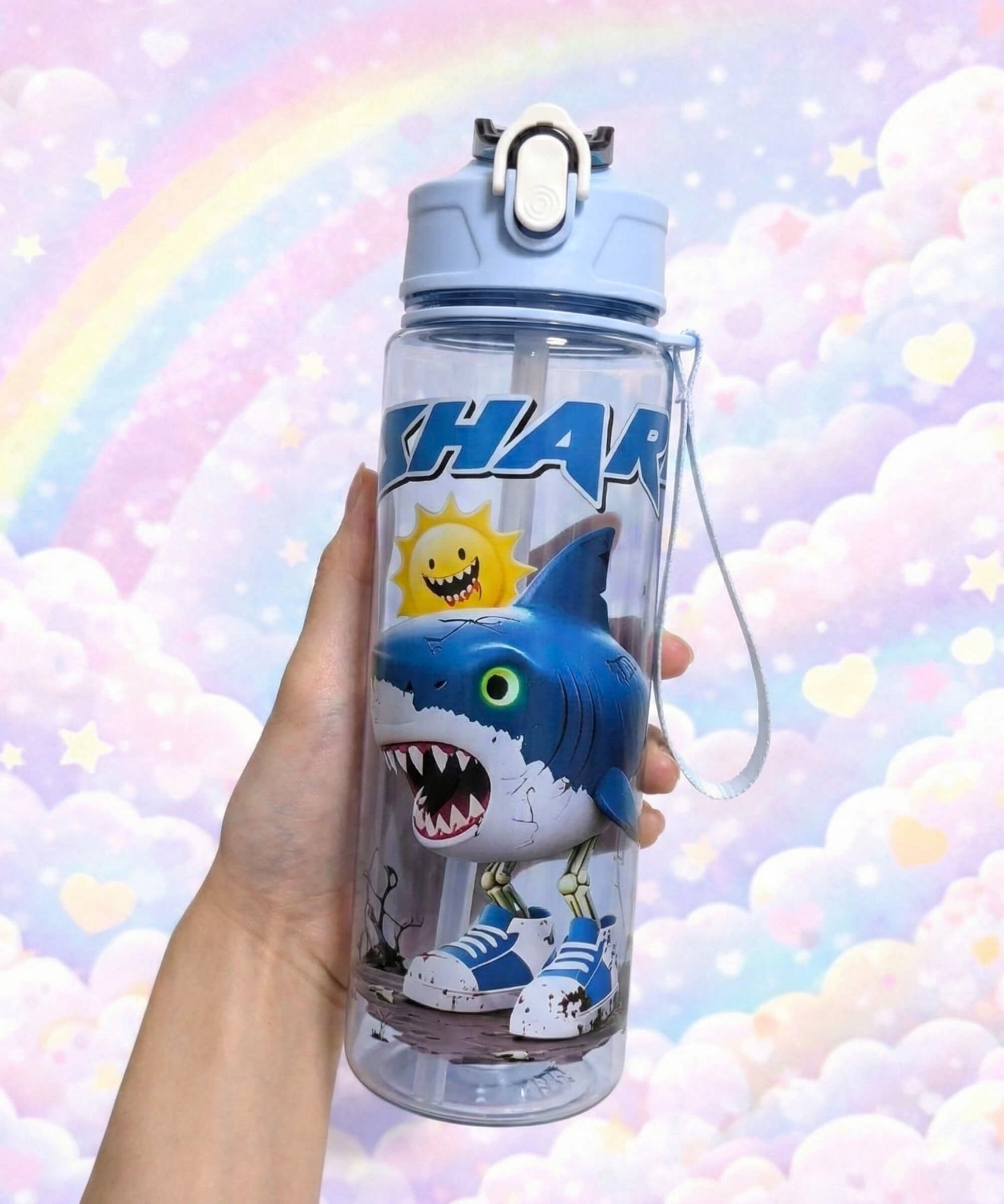 Italian brainrot style water bottle with shark character design held in hand, 750ml flip top bottle with pastel background