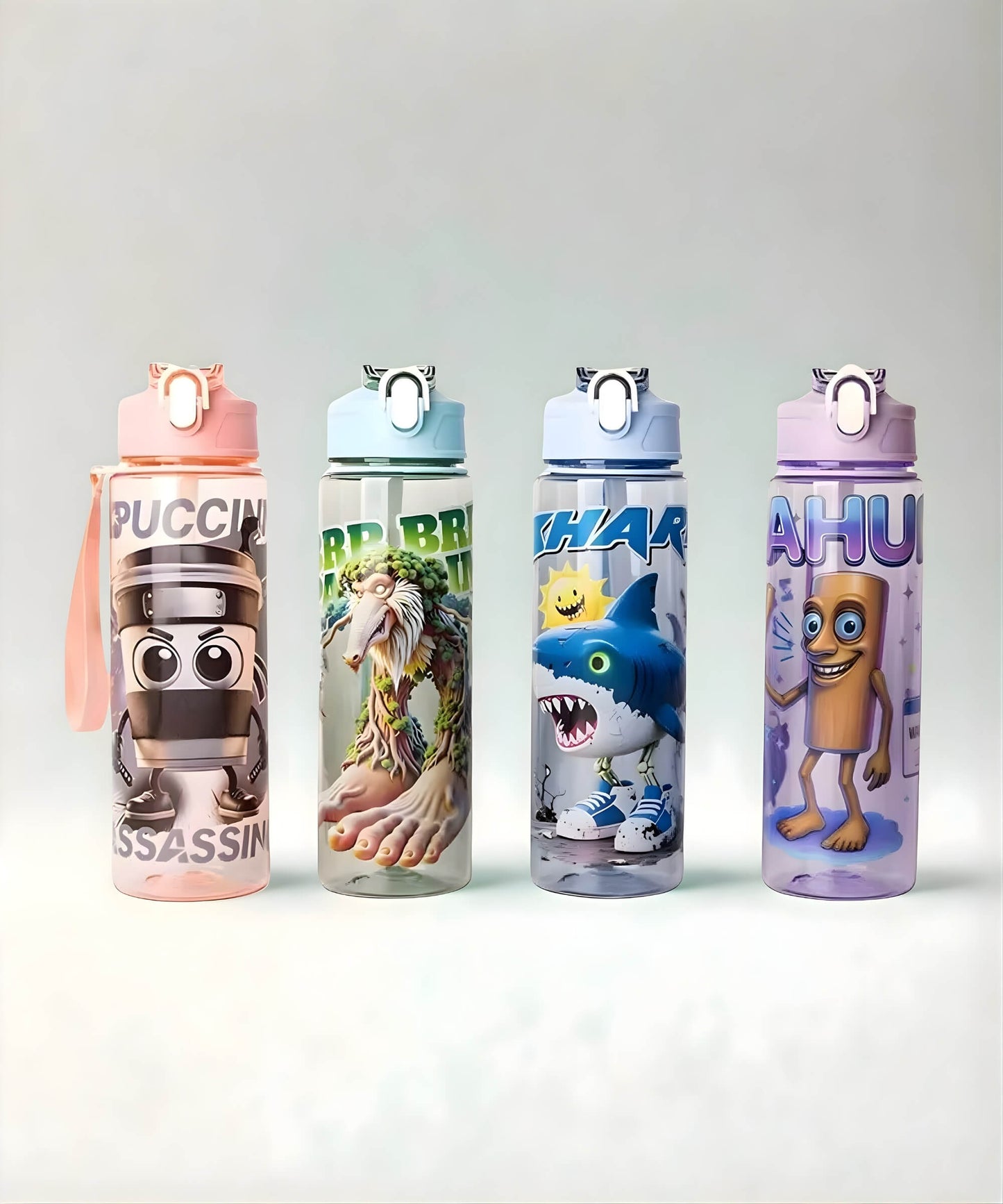 Italian brainrot style water bottle 750ml flip top kids drink bottle pink green blue purple character design