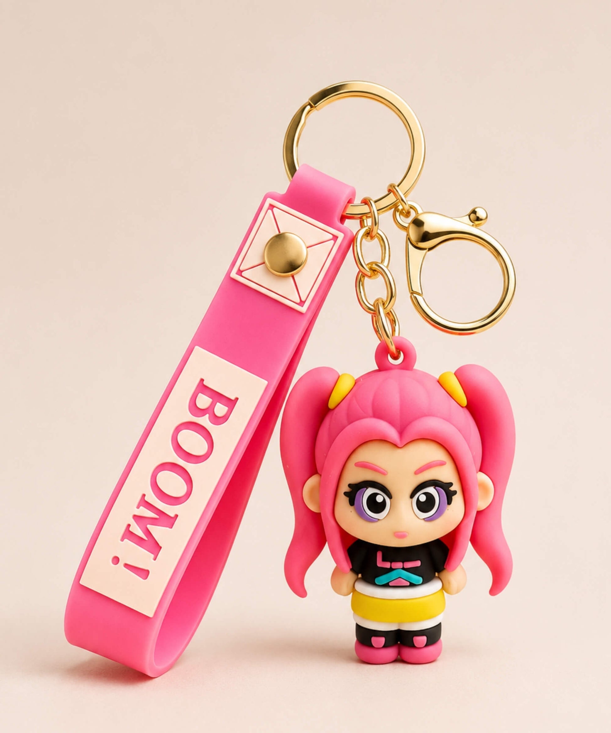 K-POP Mira pink character keychain with gold hardware