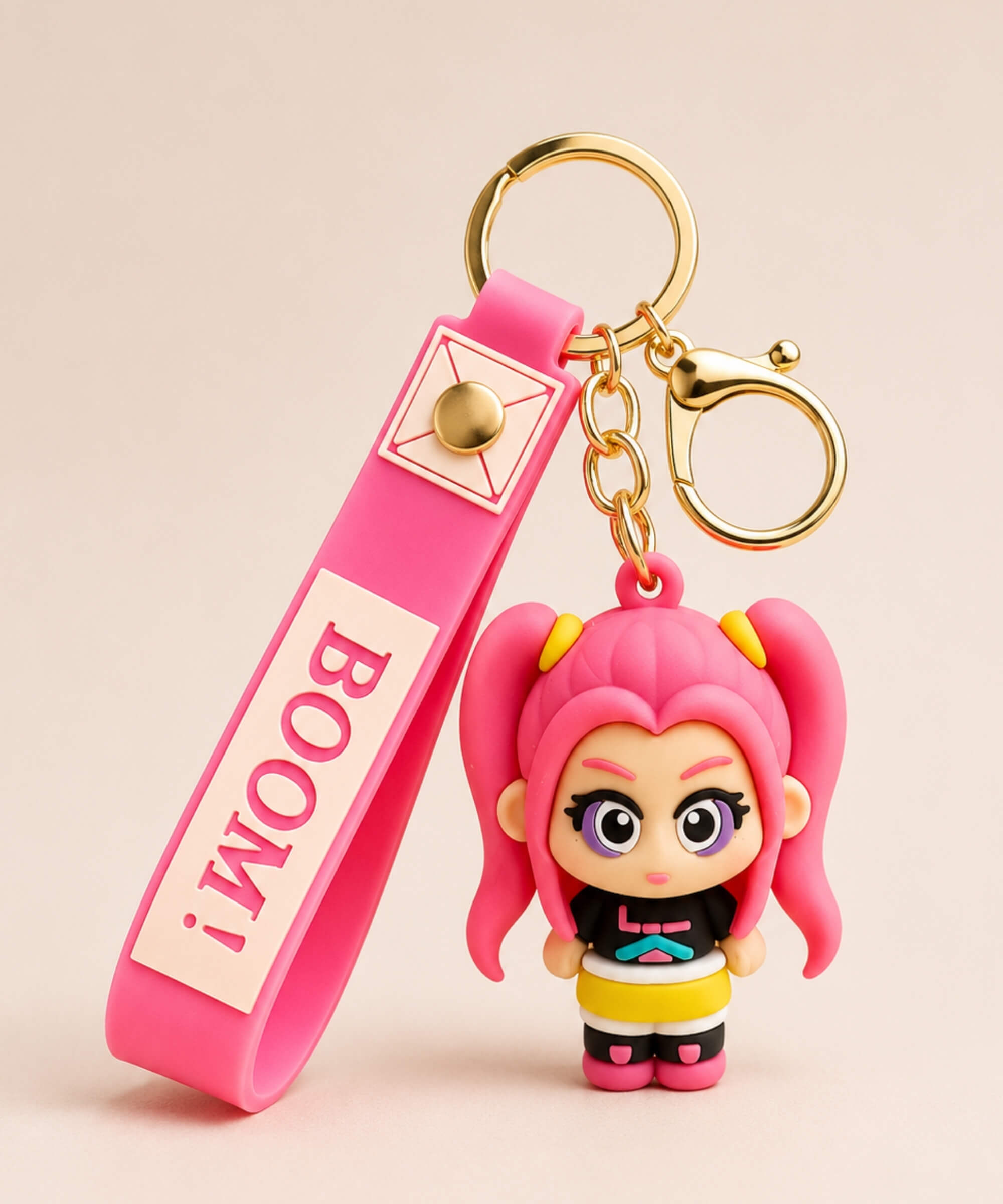 K-POP Mira pink character keychain with gold hardware