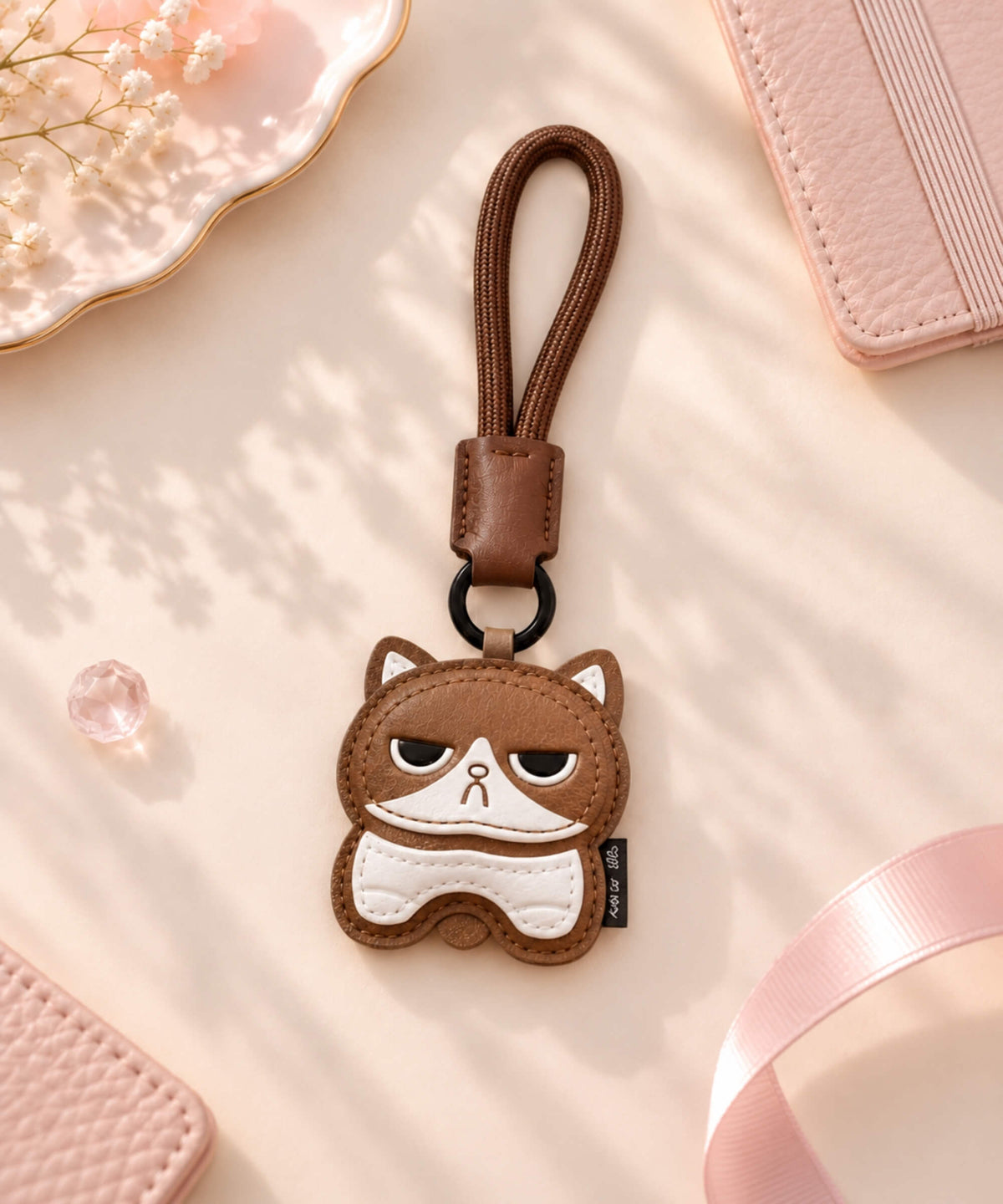 Brown and white kitty PU leather bag charm keychain with grumpy cat face and brown rope wrist strap