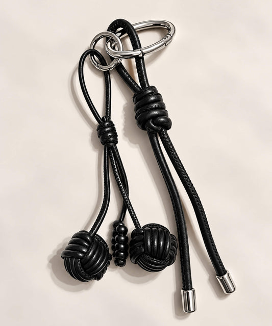 Black knotted ball PU leather bag charm keychain with double ball cord details