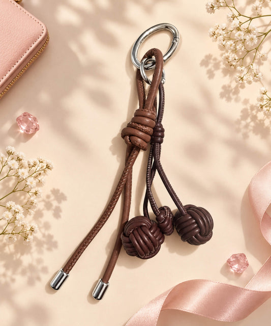 Brown knotted ball PU leather bag charm keychain with double woven ball details