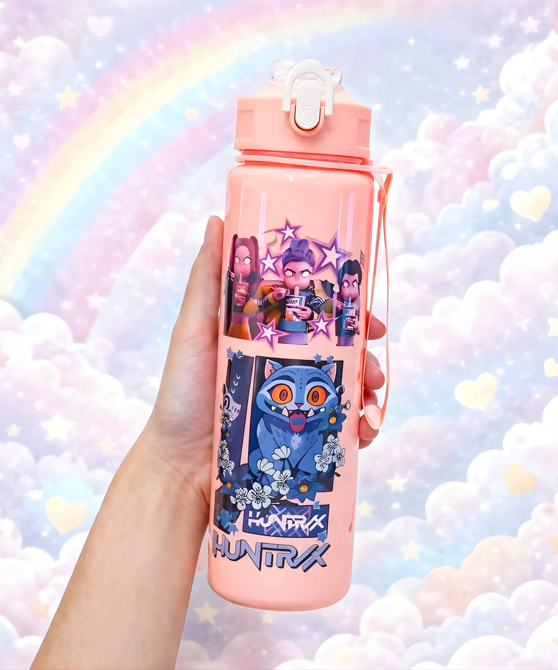 K-pop demon hunter style straw water bottle with pink character design held in hand, 700ml flip top bottle with pastel background