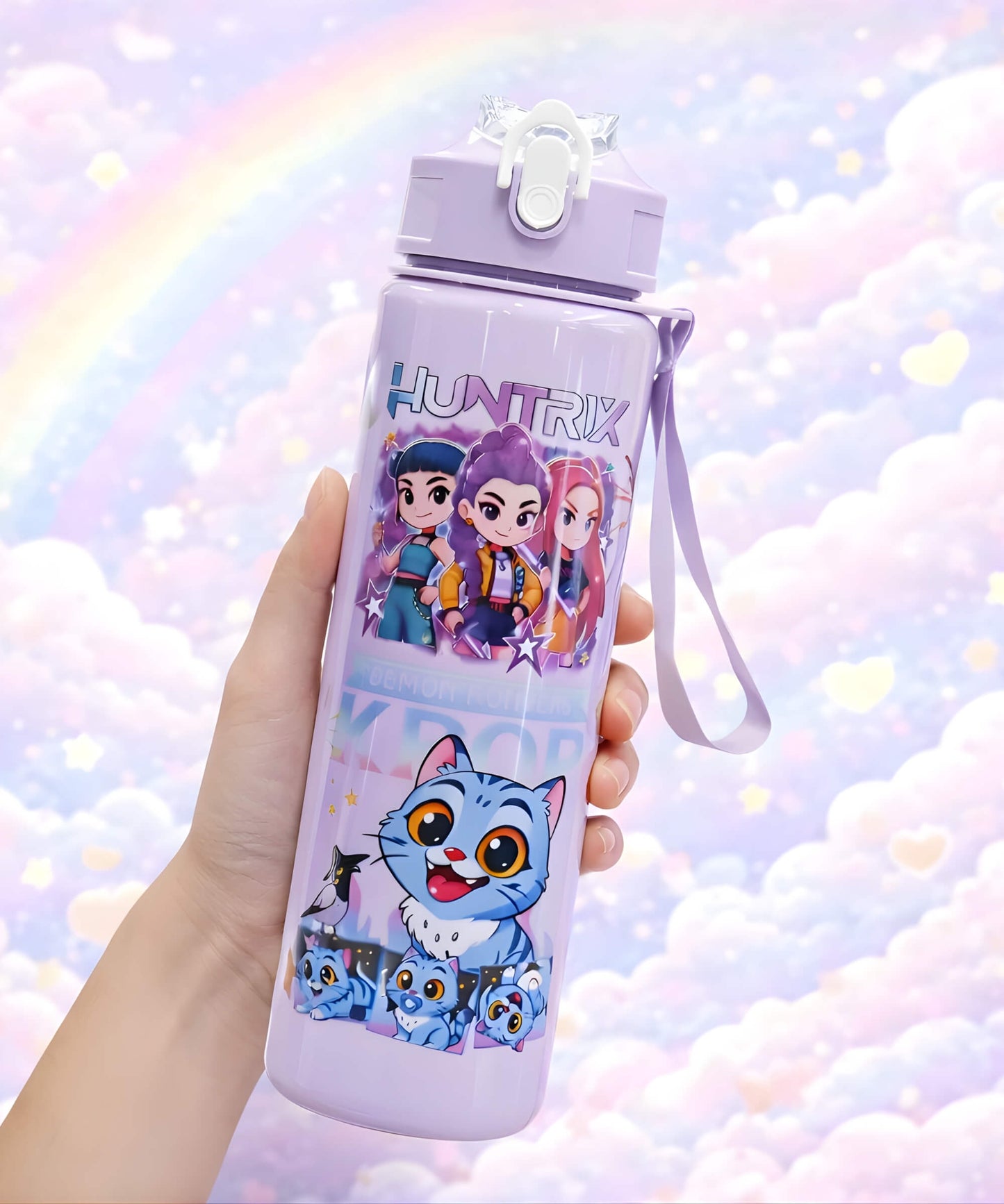K-pop demon hunter style straw water bottle with purple character design held in hand, 700ml flip top bottle with pastel background