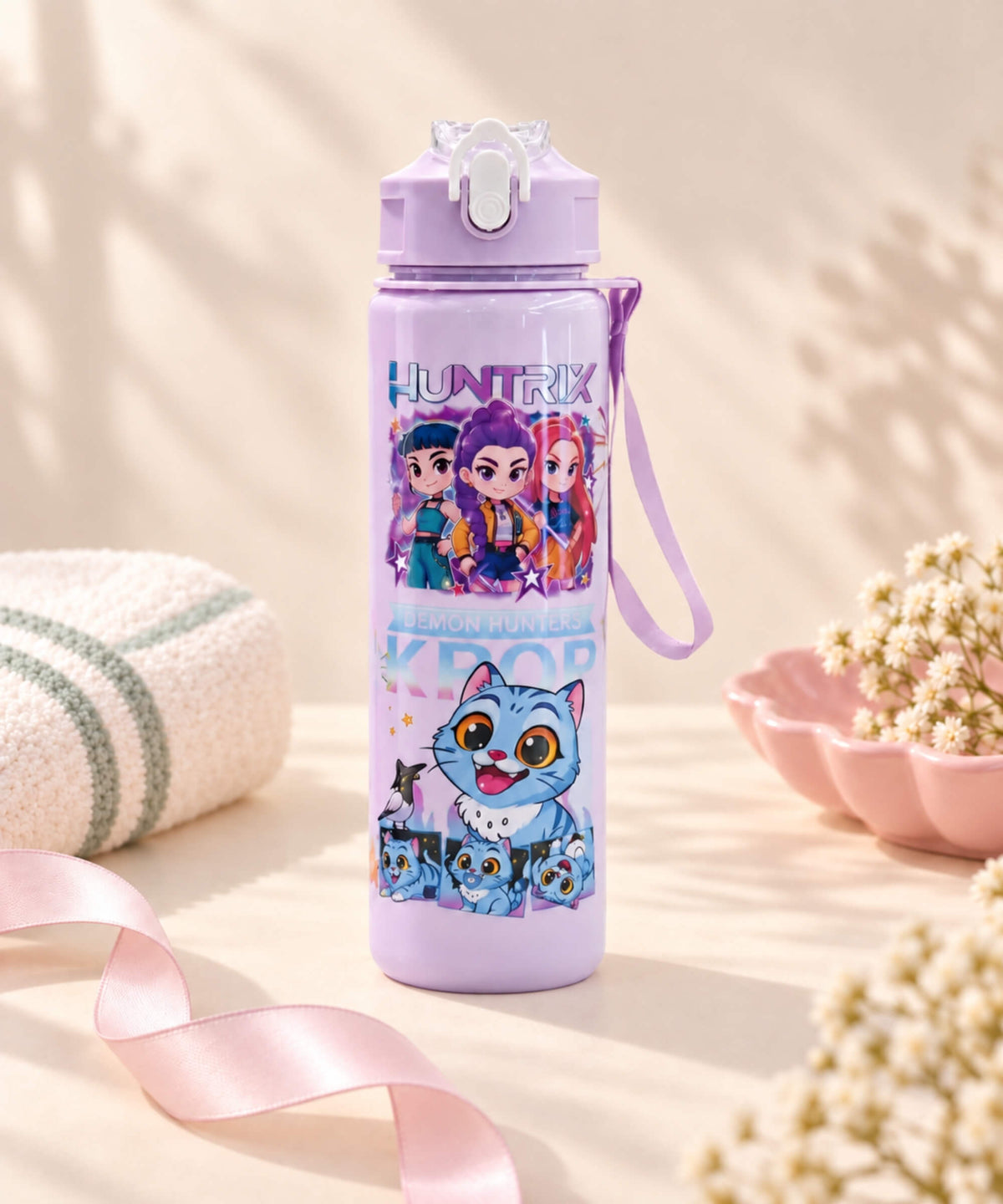 Purple K-Pop Demon Hunter style 700ml straw water bottle with flip-top lid, character print and carry strap