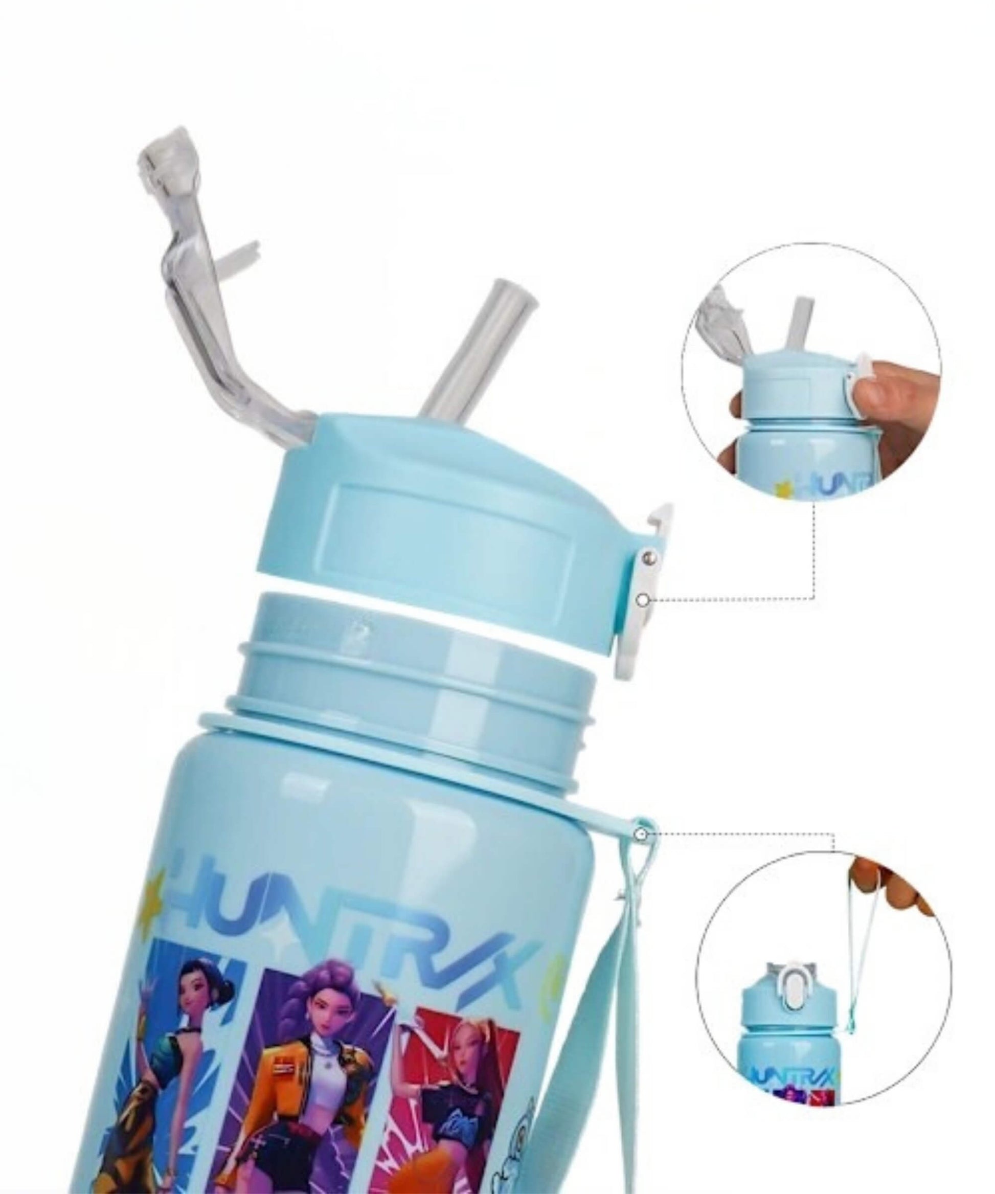 K-Pop style character straw water bottle lid detail with flip top and removable straw