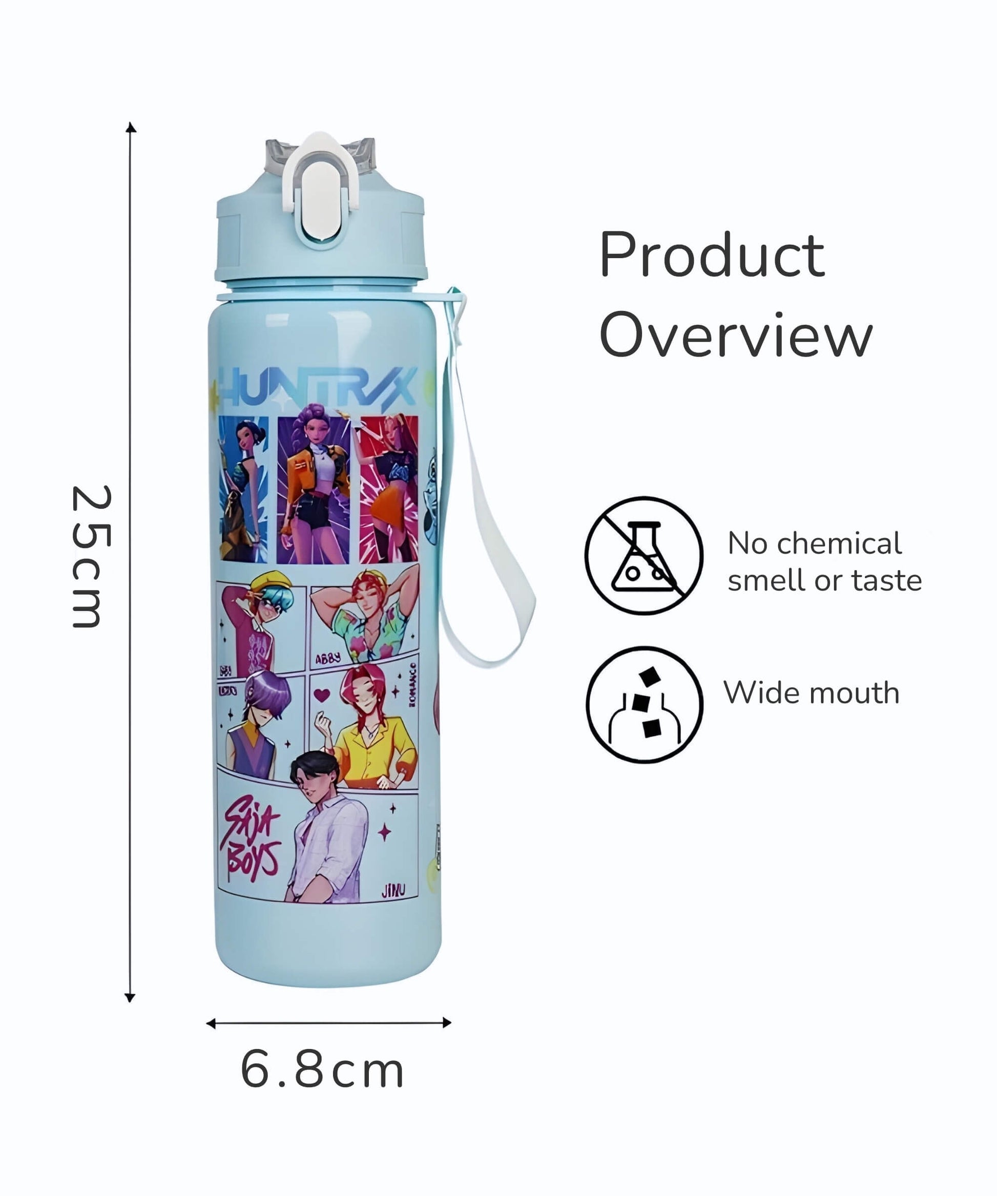 K-Pop style character water bottle product overview showing size 25 cm height and 6.8 cm diameter
