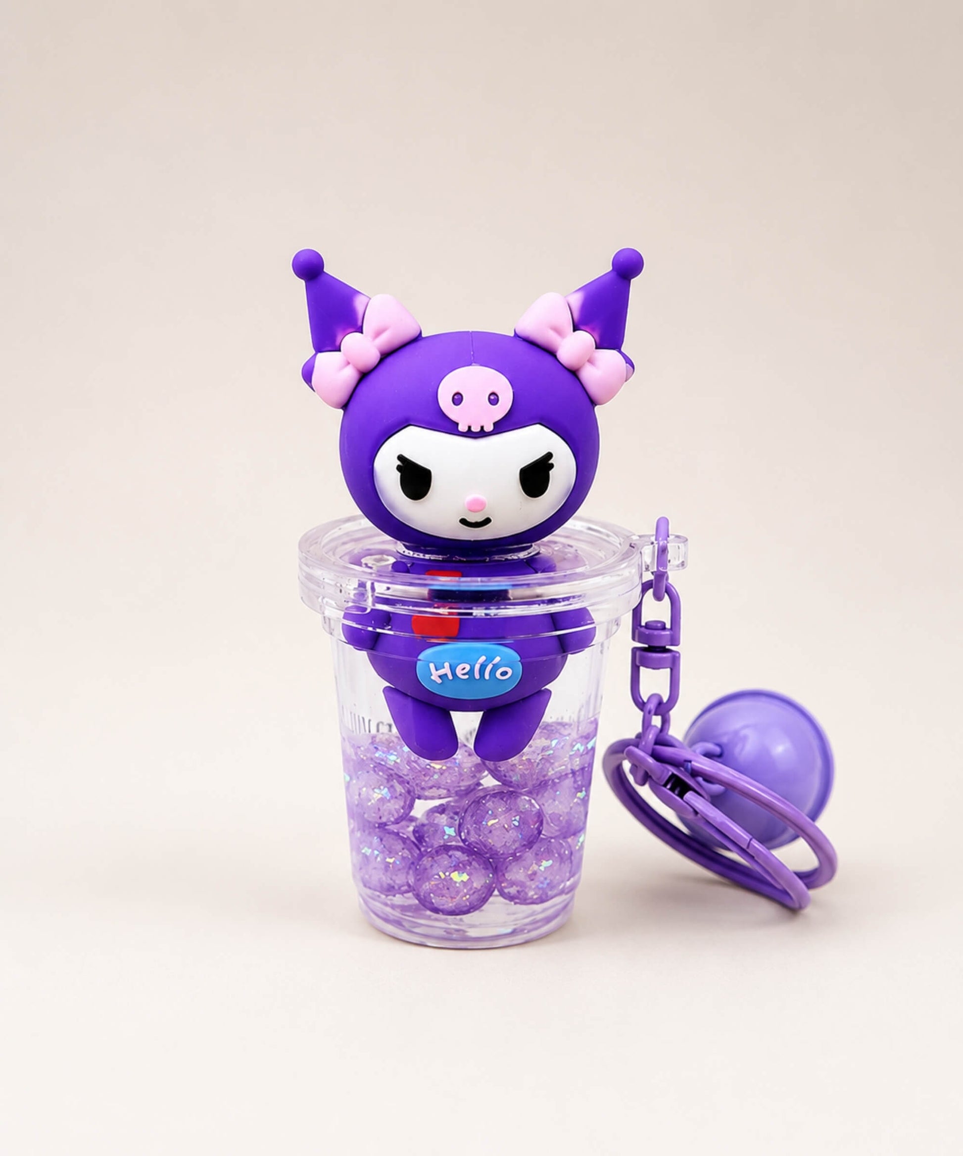 Kuromi bubble tea liquid keychain with purple glitter beads and purple clip