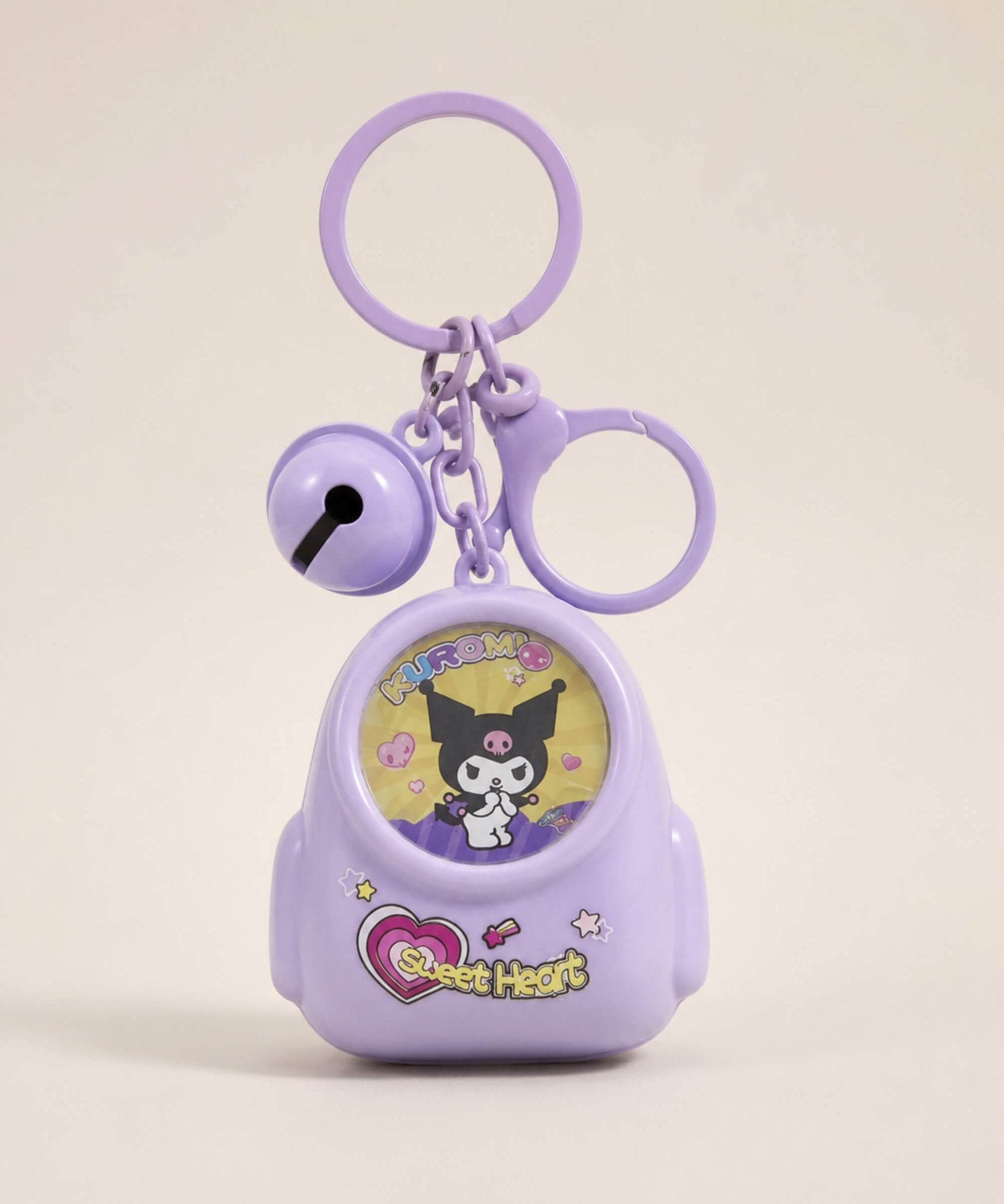 Purple Kuromi light-up backpack keychain with bell charm
