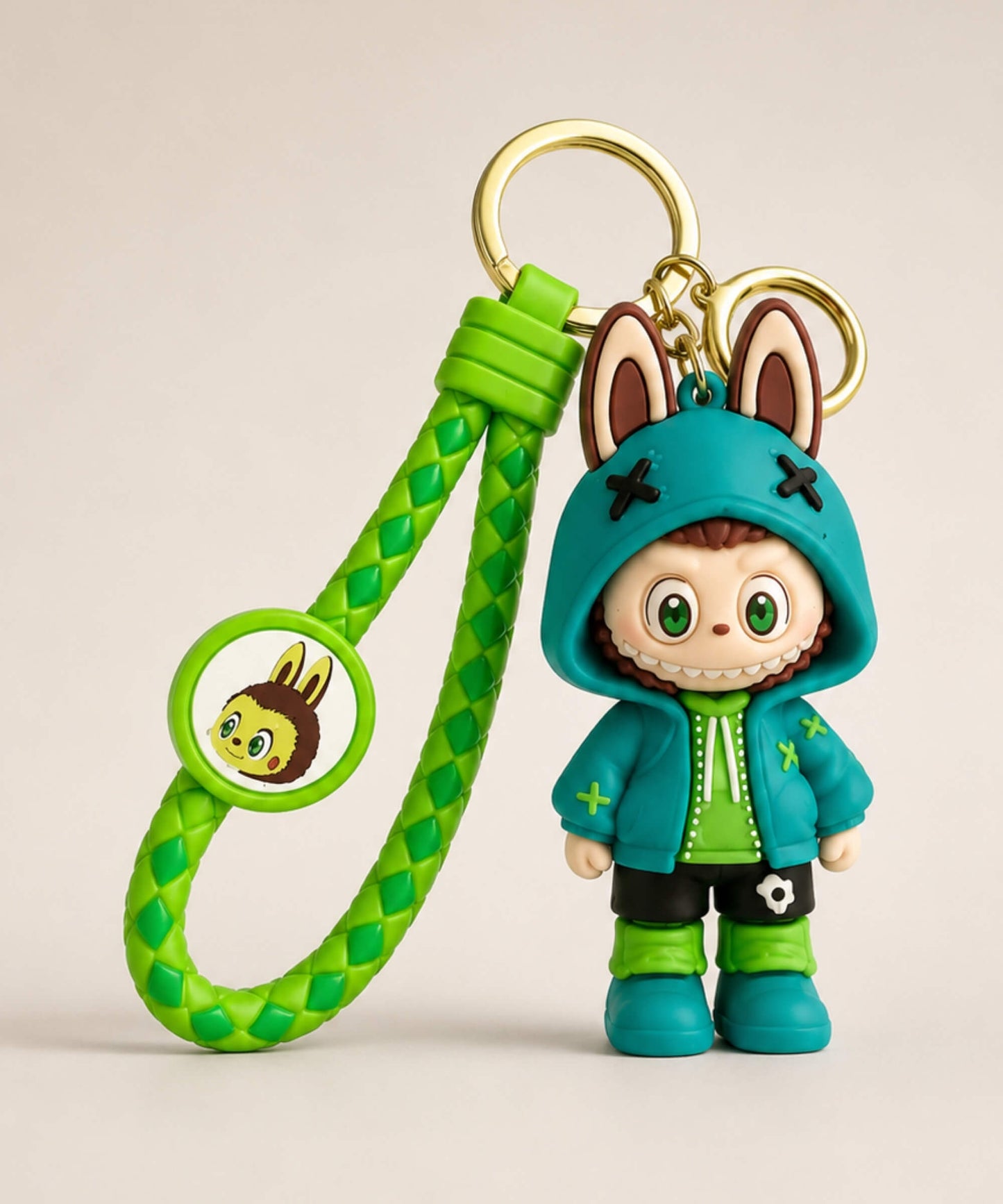 Labubu Aqua Green classic keychain with green braided strap and gold hardware