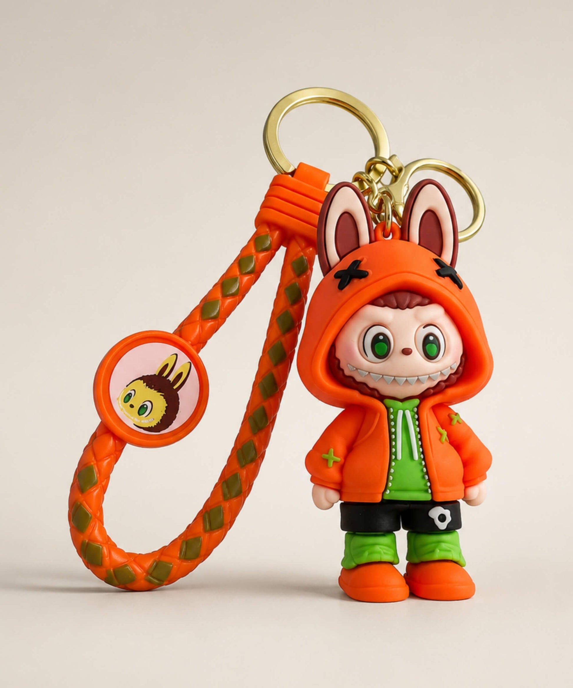 Labubu Orange classic keychain with orange braided strap and gold hardware