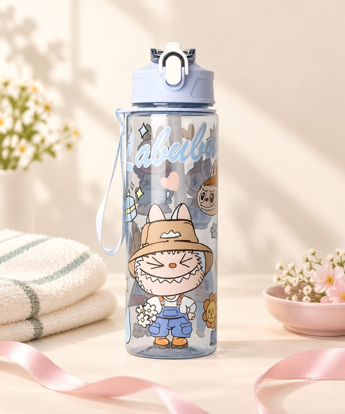 Blue Labubu style 750ml straw water bottle with flip-top lid, cartoon character print and carry strap