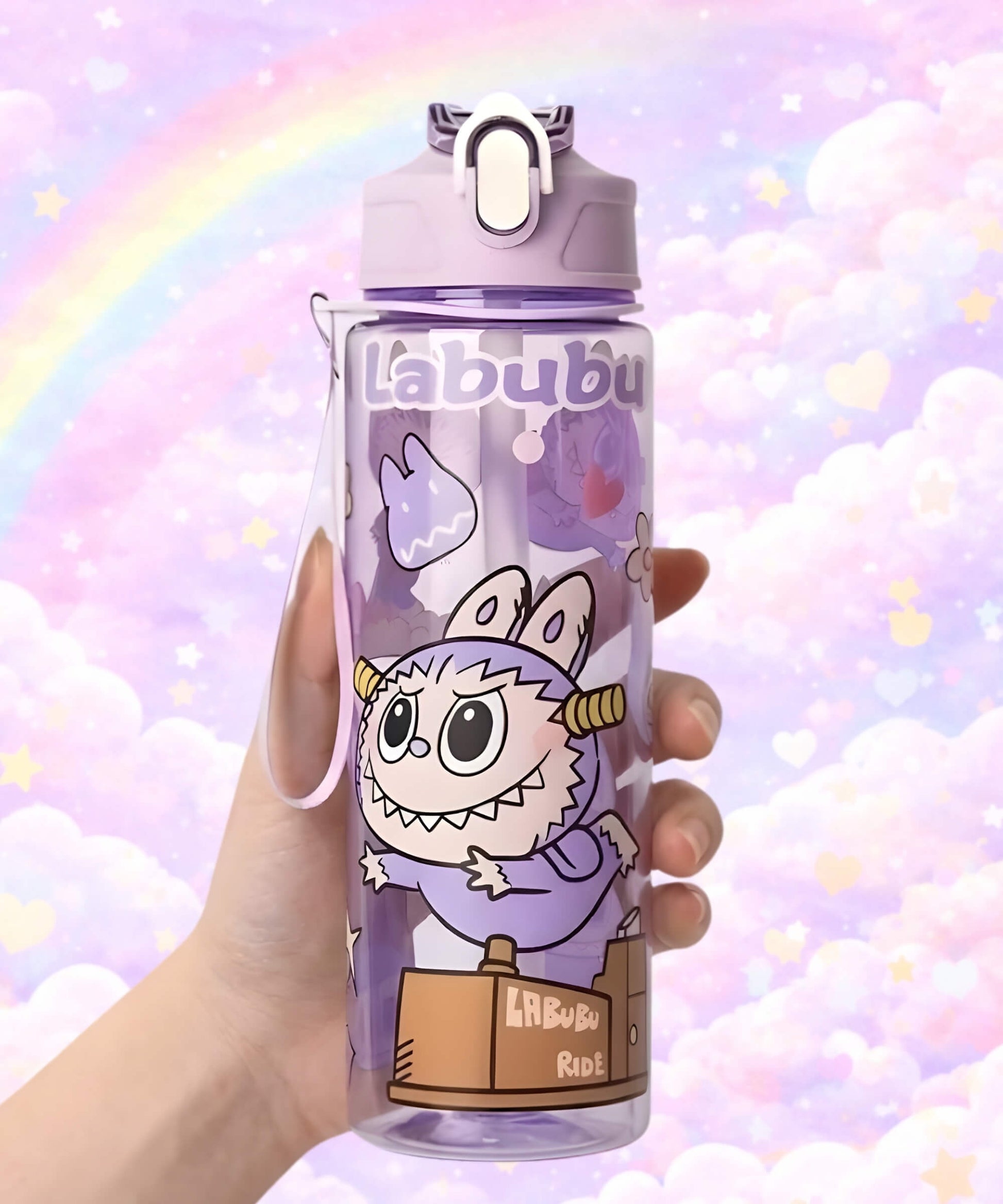 Labubu style straw water bottle with purple character design held in hand, 750ml flip top bottle with pastel background