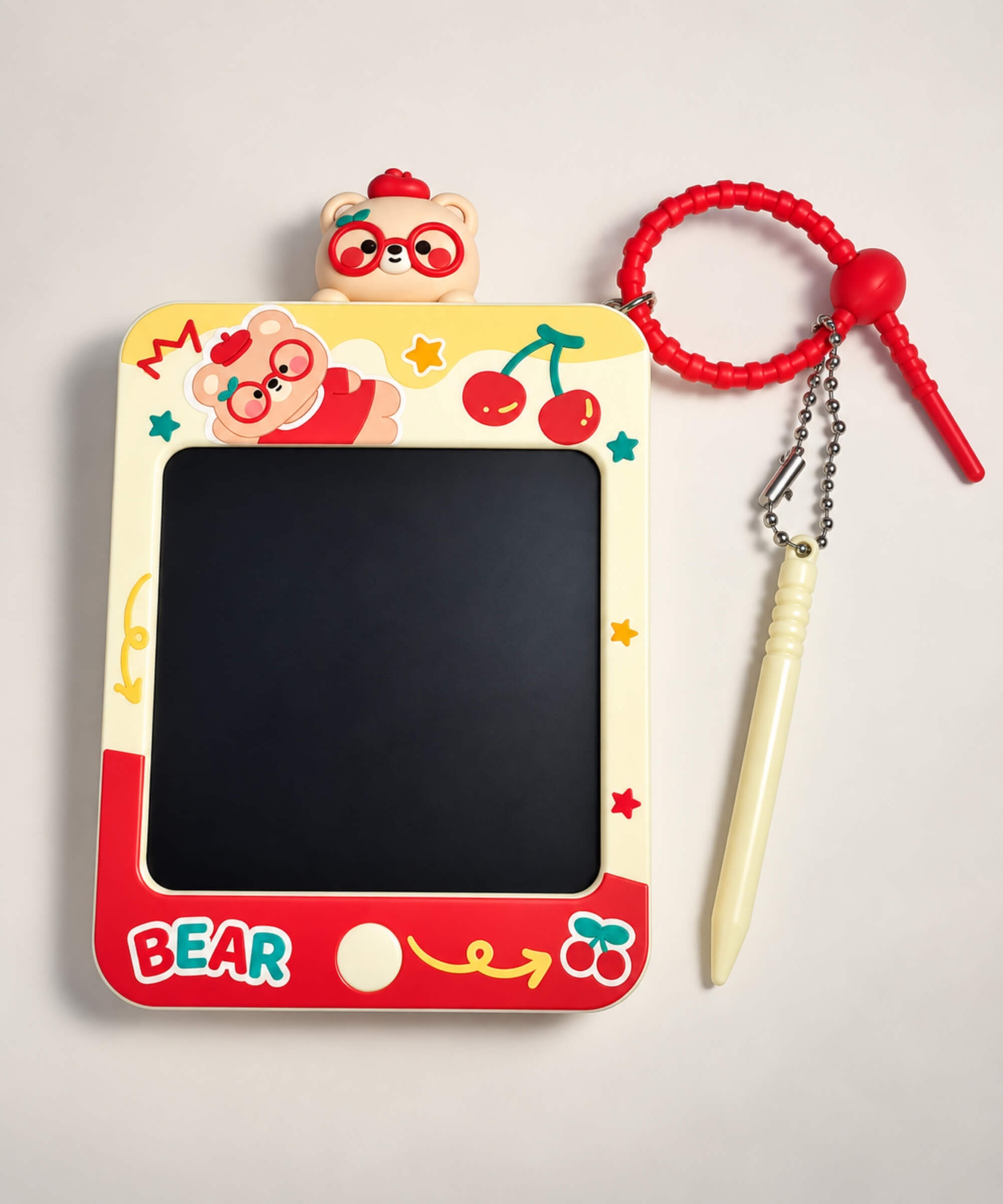 Cherry Glasses Bear LCD Drawing & Writing Tablet Keychain with attached stylus