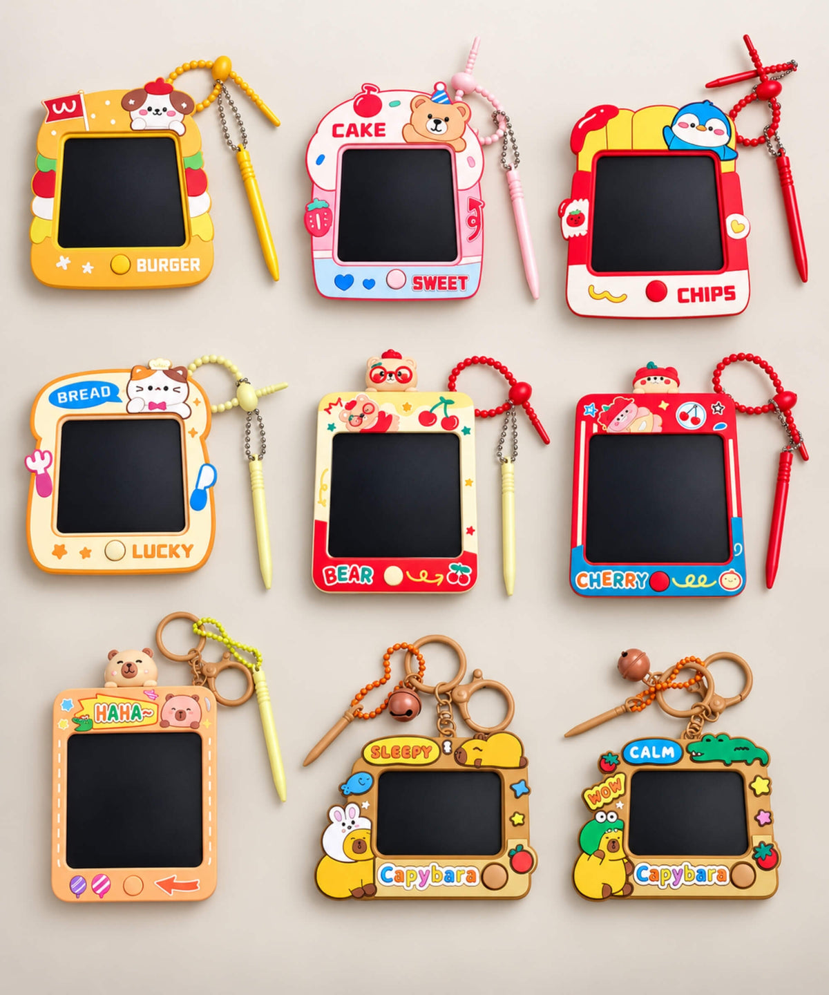 Colourful LCD Drawing & Writing Tablet Keychains in multiple character designs and sizes