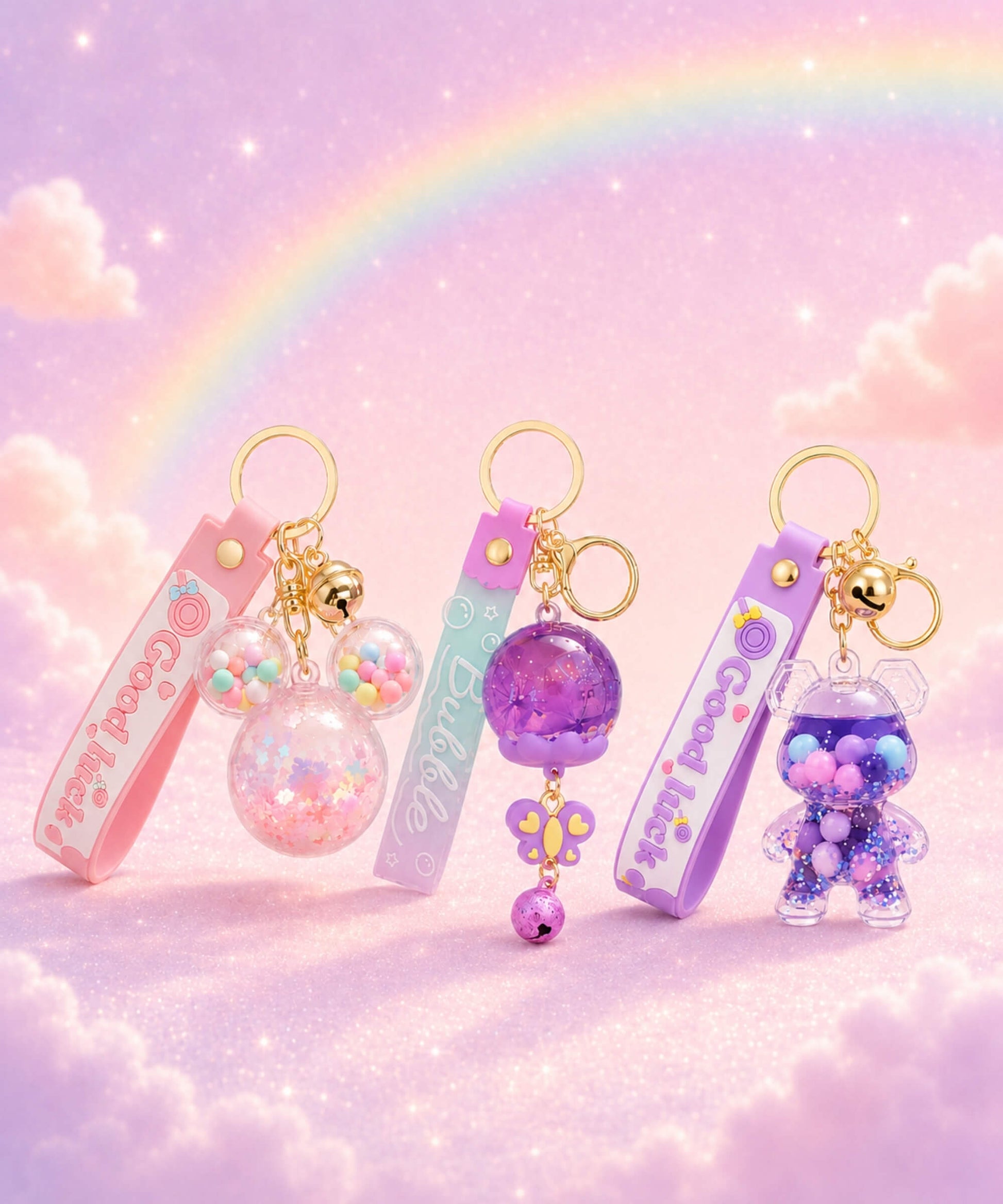 Liquid keychains collection with floating glitter and shaker bag charms