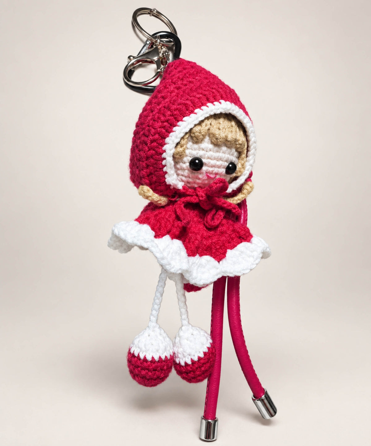 Red Little Red Riding Hood style crochet doll keychain with hooded cape
