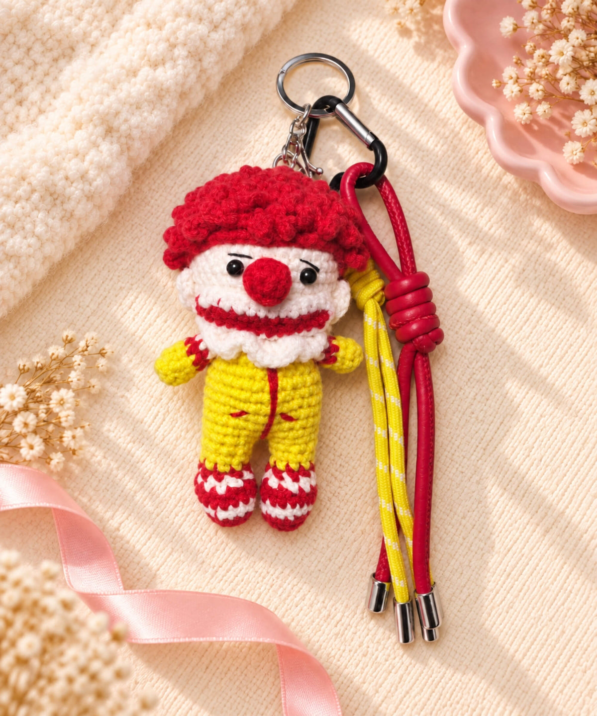 McDonald’s style crochet character keychain with red and yellow cords