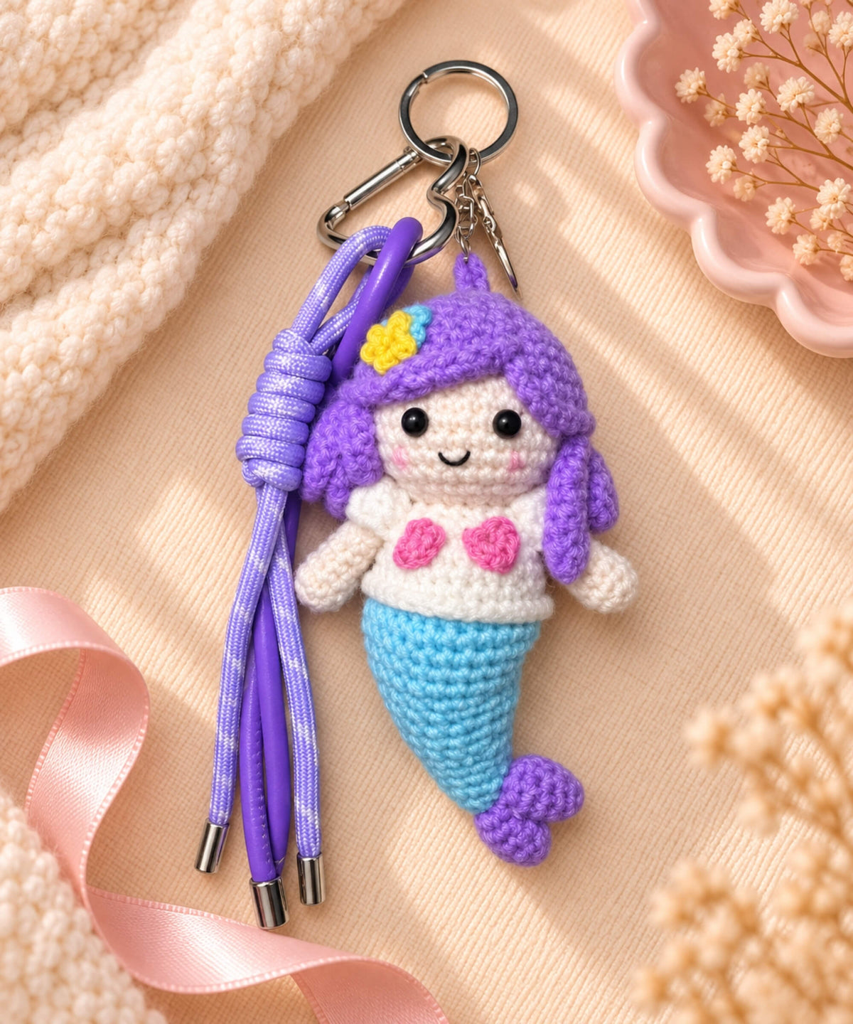 Mermaid crochet keychain with purple hair blue tail and hanging cords