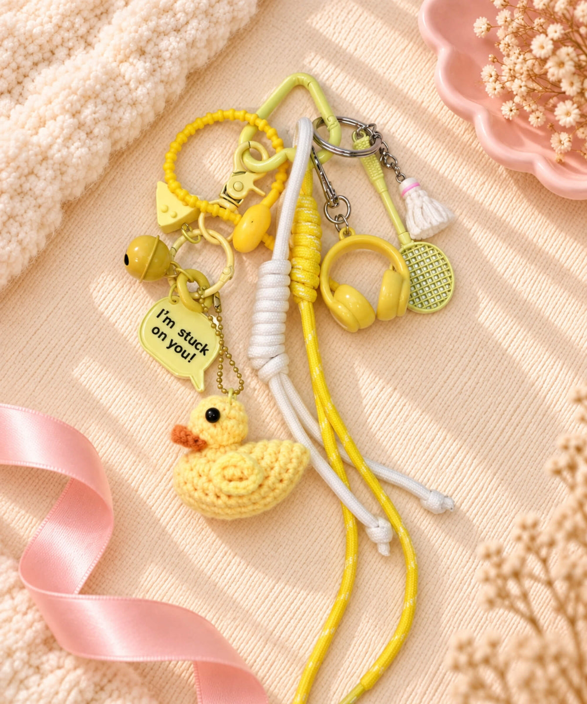Stuck on You Duck crochet keychain with yellow charms cords and playful message detail