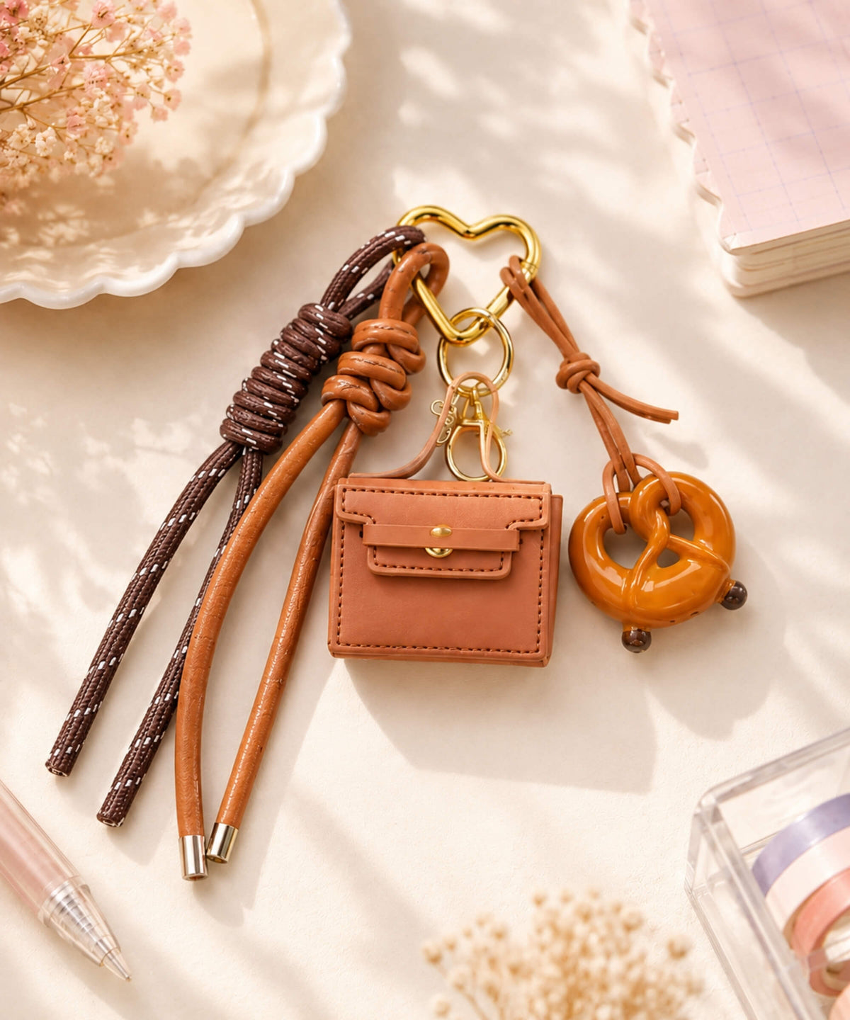 Brown mini coin purse PU leather keychain with pretzel charm, knotted straps and gold-tone hardware