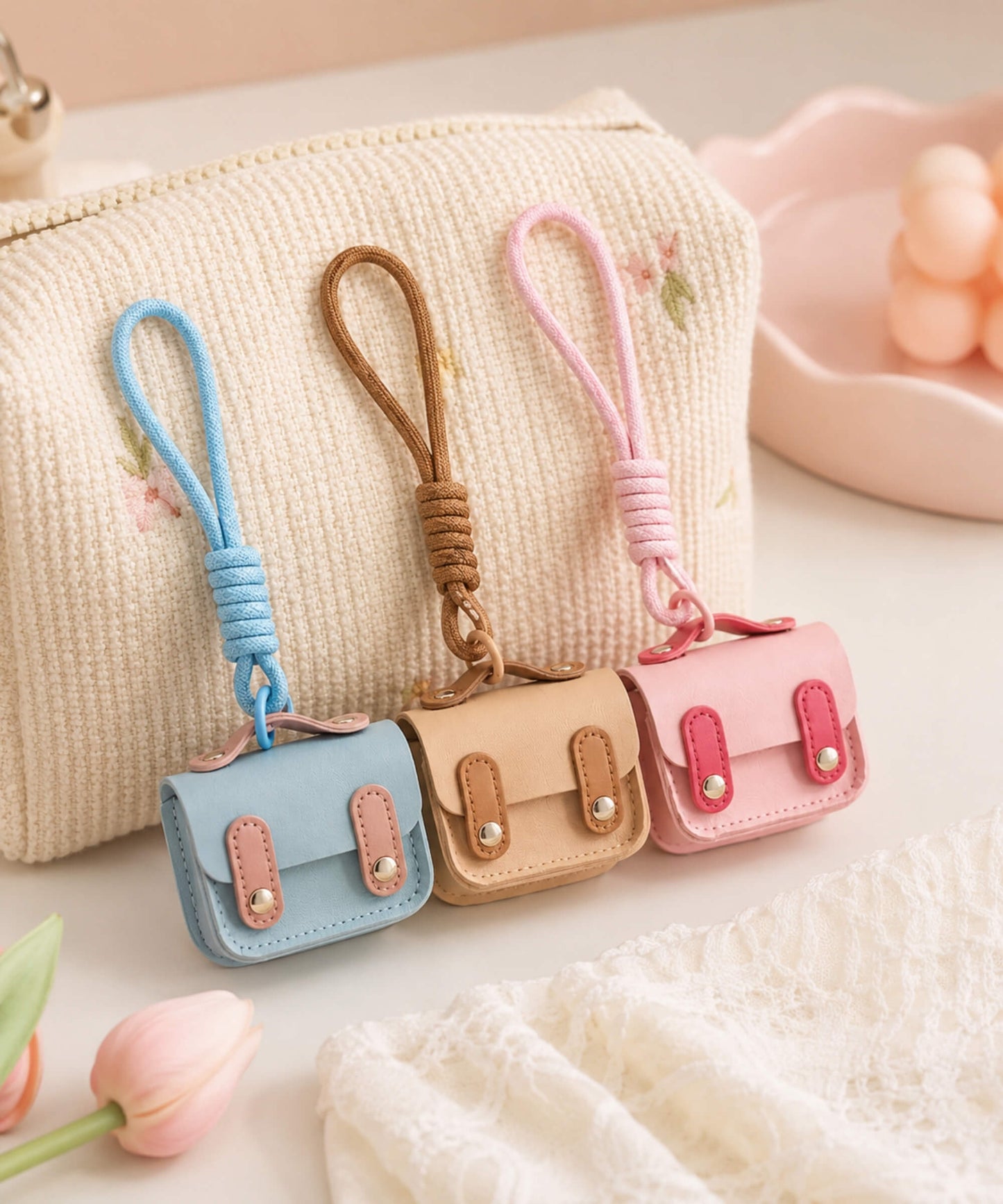 Mini PU leather earphone pouch keychains styled in a lifestyle scene beside a cosmetic pouch and soft pastel accessories