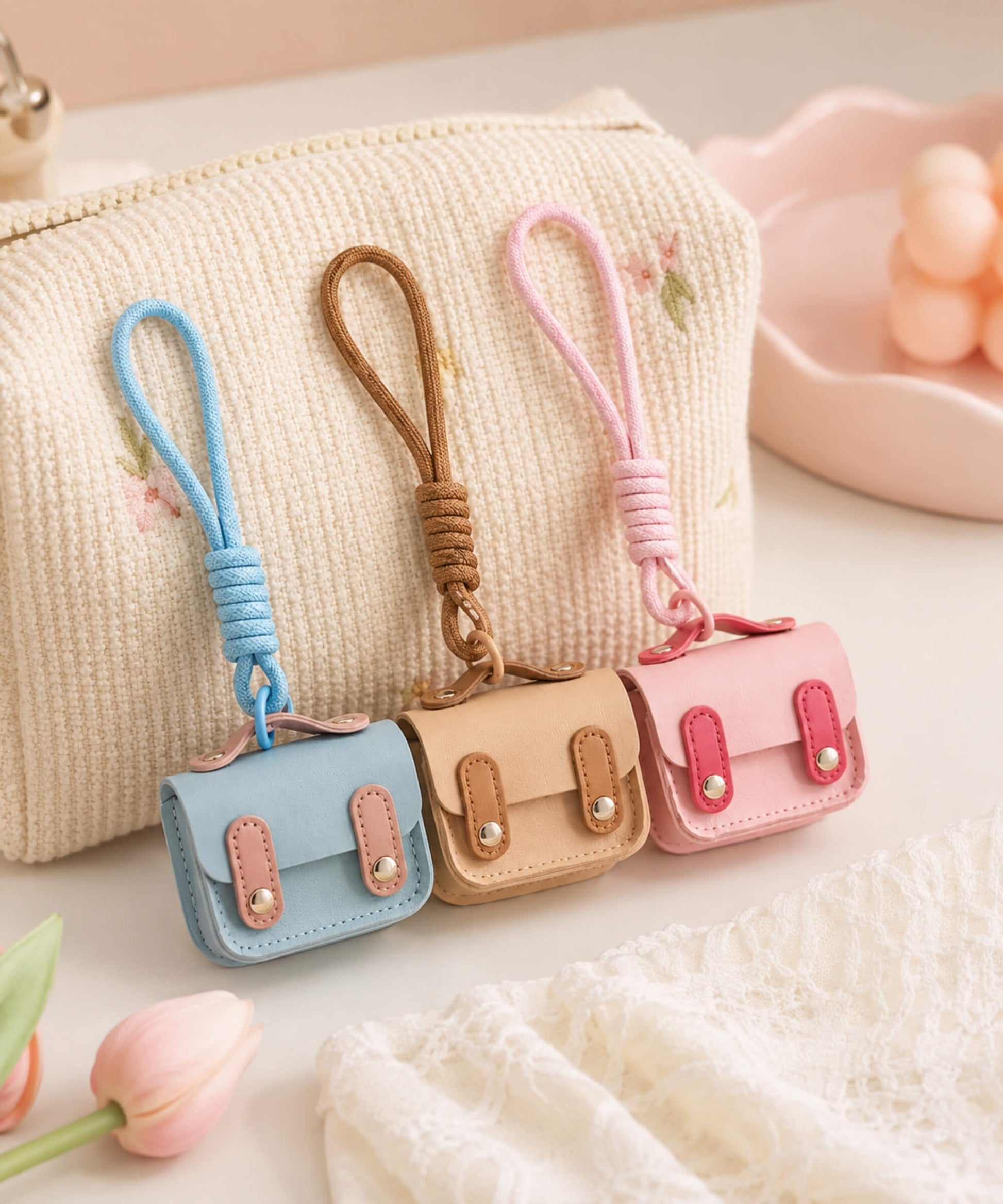 Mini PU leather earphone pouch keychains styled in a lifestyle scene beside a cosmetic pouch and soft pastel accessories