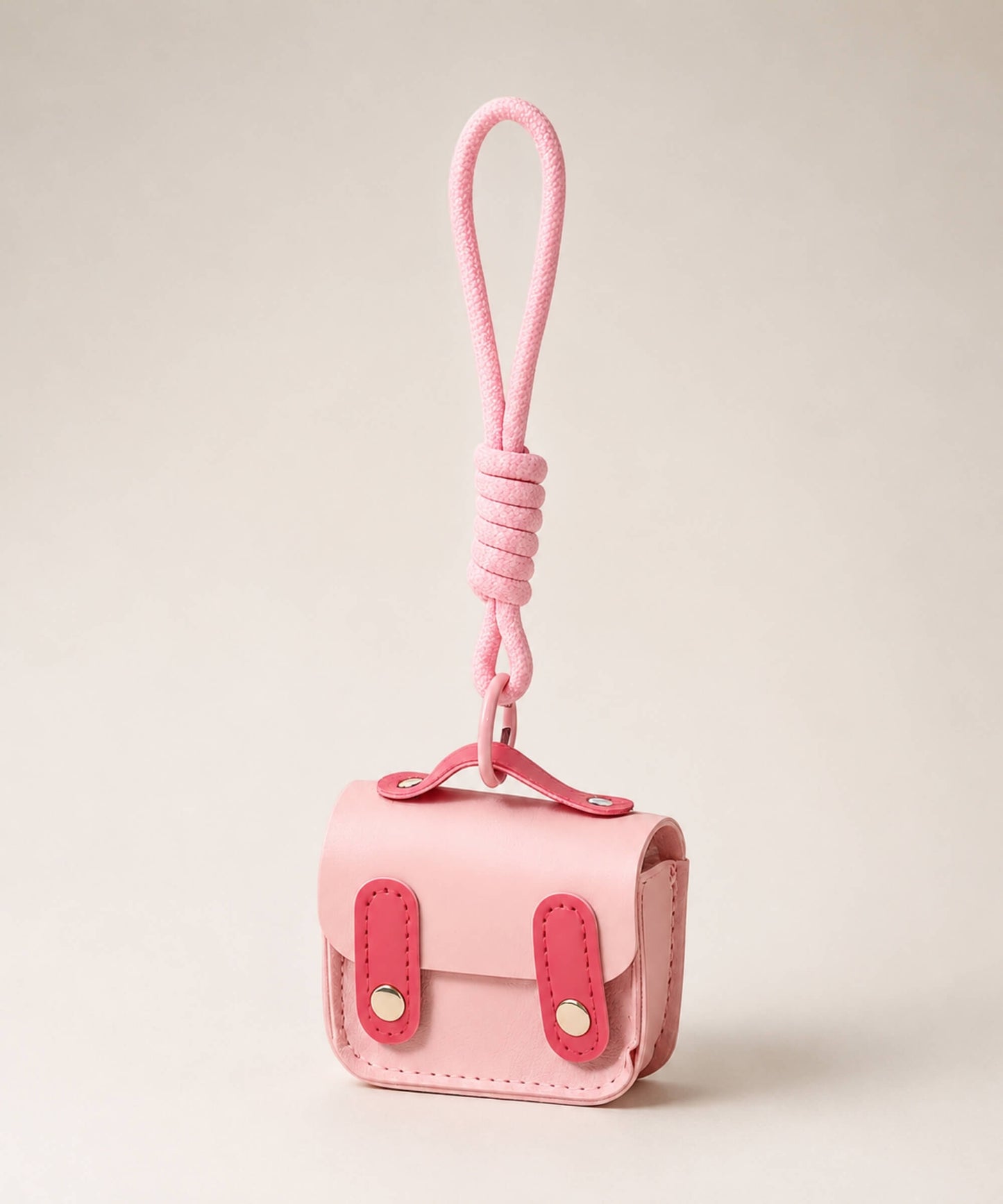 Pink mini PU leather earphone pouch keychain with wrist strap on a neutral background