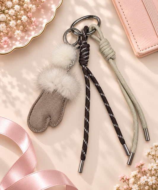 Taupe mitten PU leather bag charm keychain styled on a soft pink background