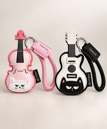 Musical cat PU leather bag charm keychains in Pink Violin Cat and Black Guitar Cat designs