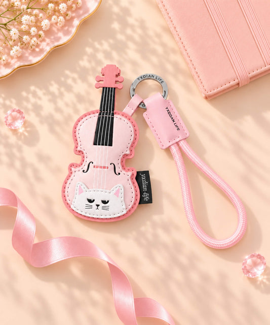 Pink violin cat PU leather bag charm keychain styled on a soft pink background