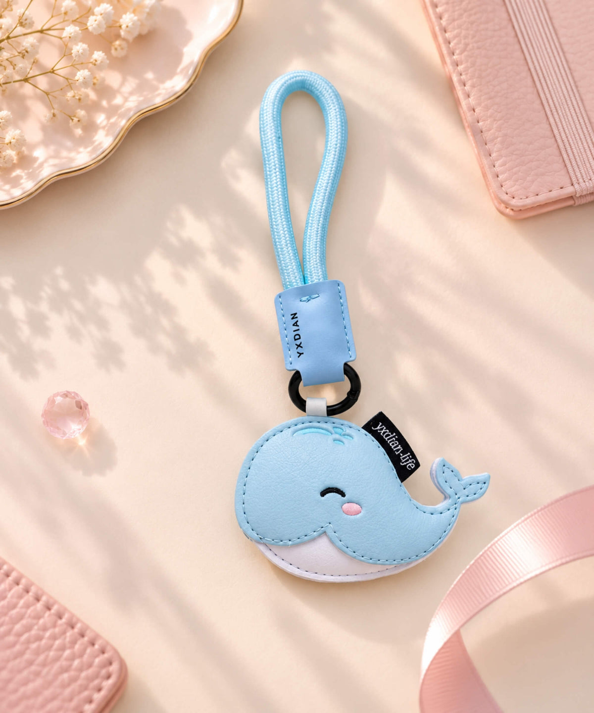 Blue whale PU leather bag charm keychain with cute embroidered face and matching blue wrist strap