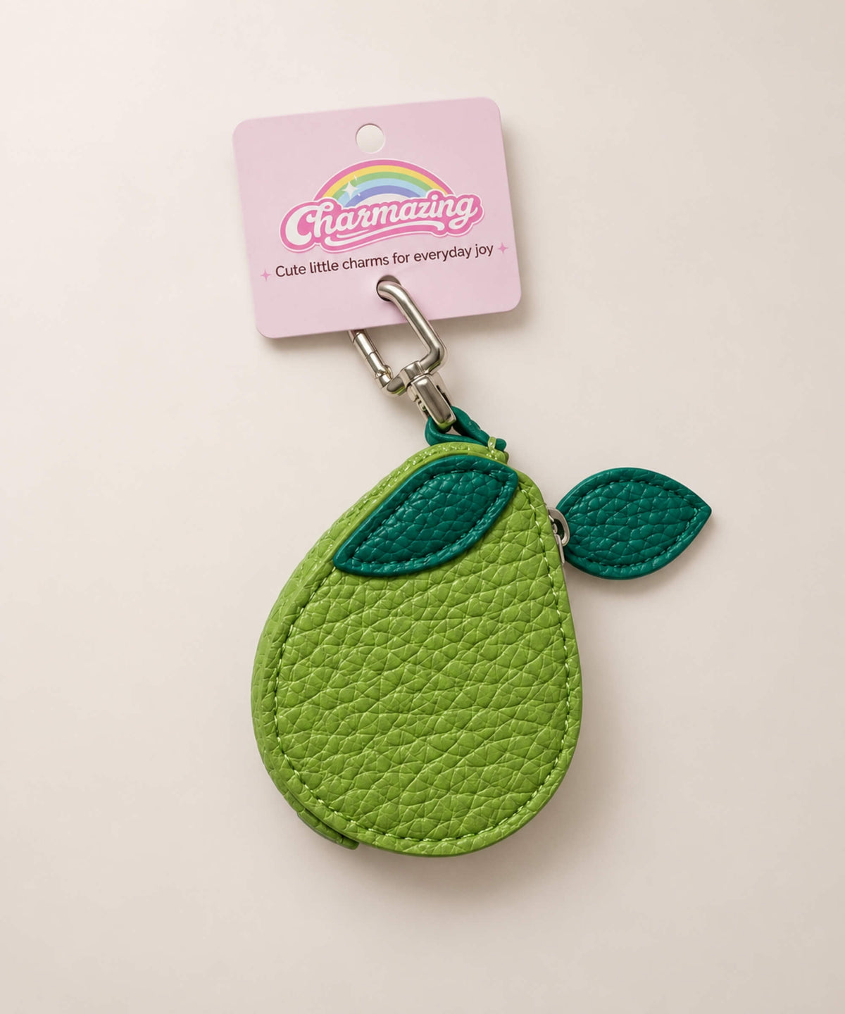 Pear fruit coin purse keychain with green PU leather-style pouch and leaf details without wrist strap
