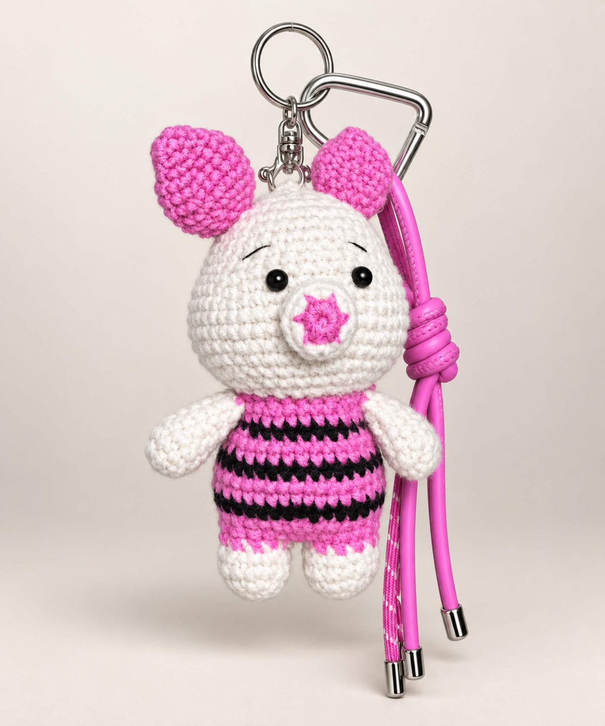 Piglet style pink and white crochet keychain with hanging strap and metal clip