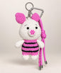 Piglet style pink and white crochet keychain with hanging strap and metal clip