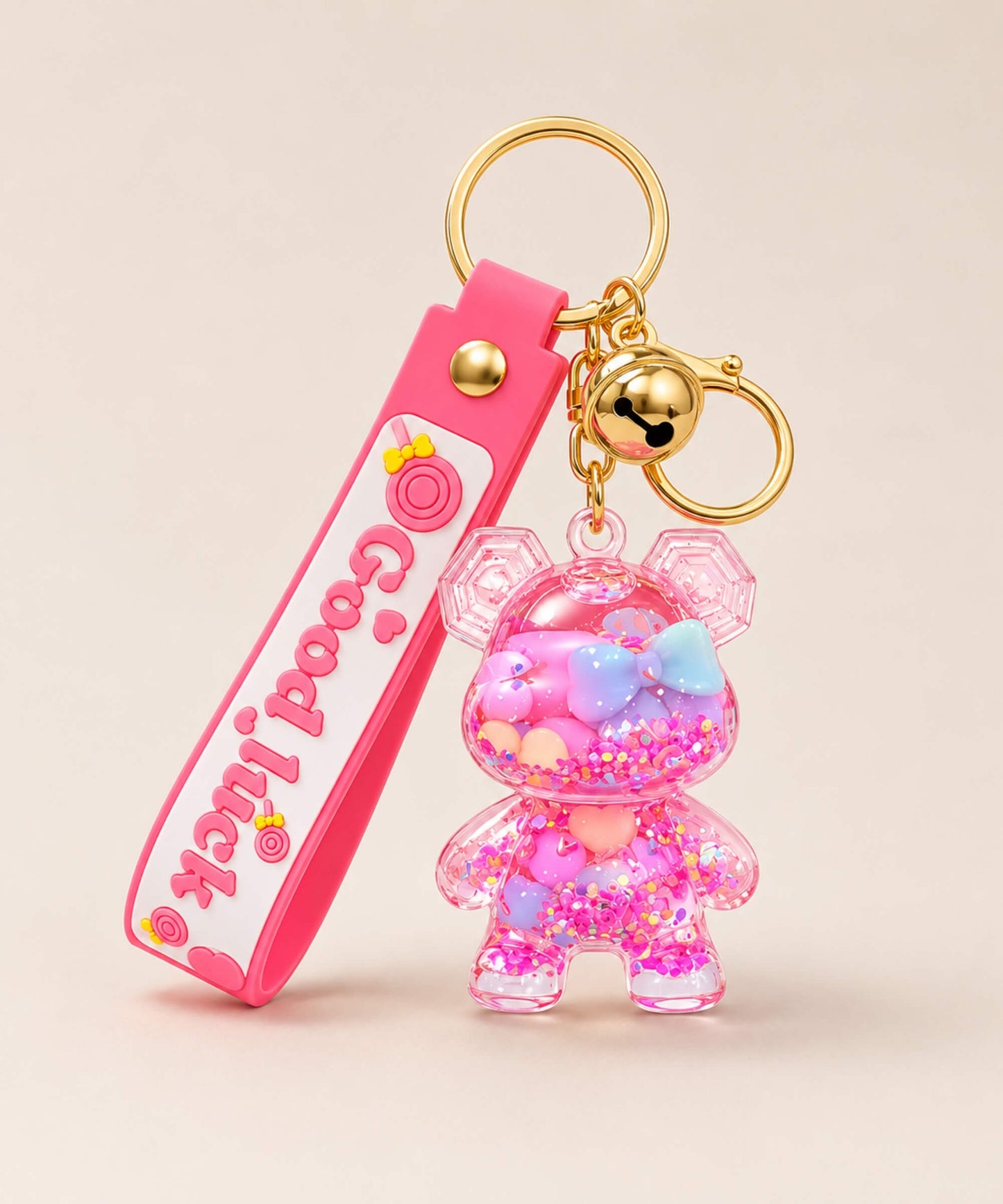 Pink bear floating shaker keychain with colourful beads and pink strap