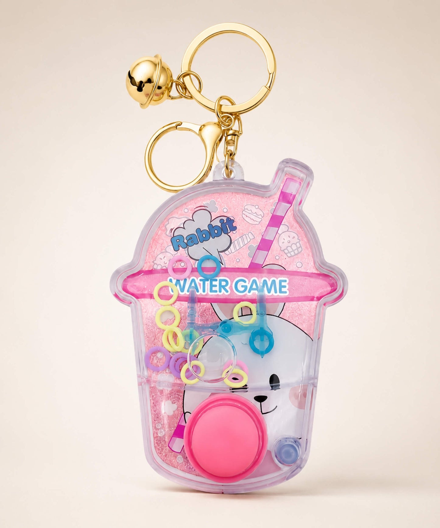 Pink rabbit water ring game keychain with button and gold bell