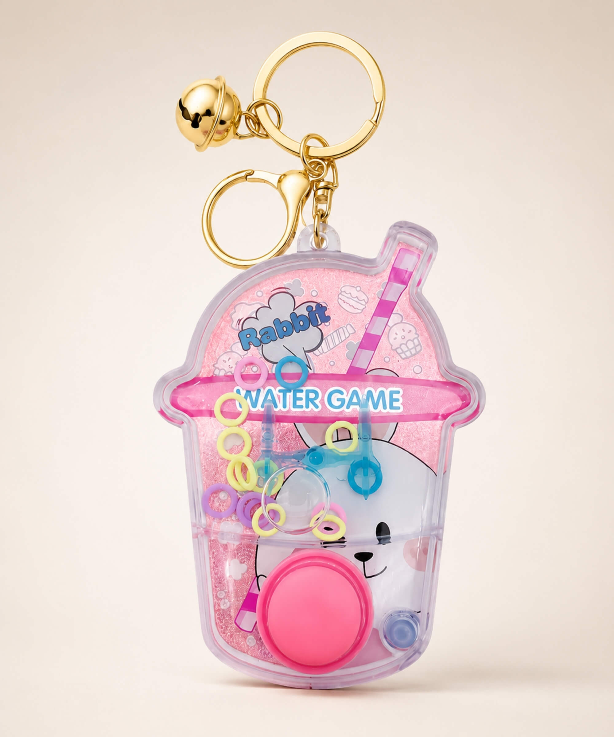Pink rabbit water ring game keychain with button and gold bell